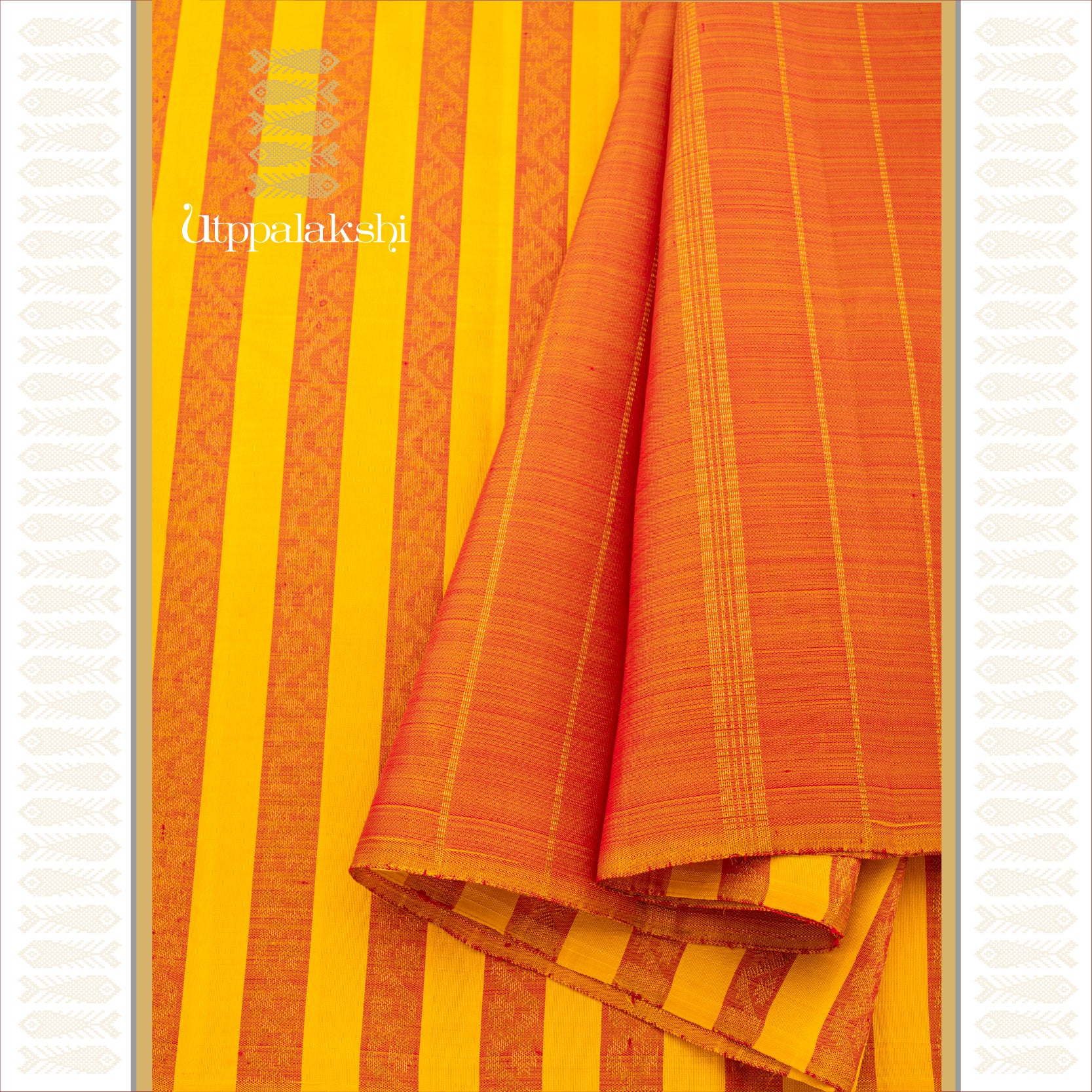 Yellow with Peach Zari Kodi Lines and Seer Pallu - AN UTPPALAKSHI HANDWOVEN KANJIVARAM SILK SAREE
