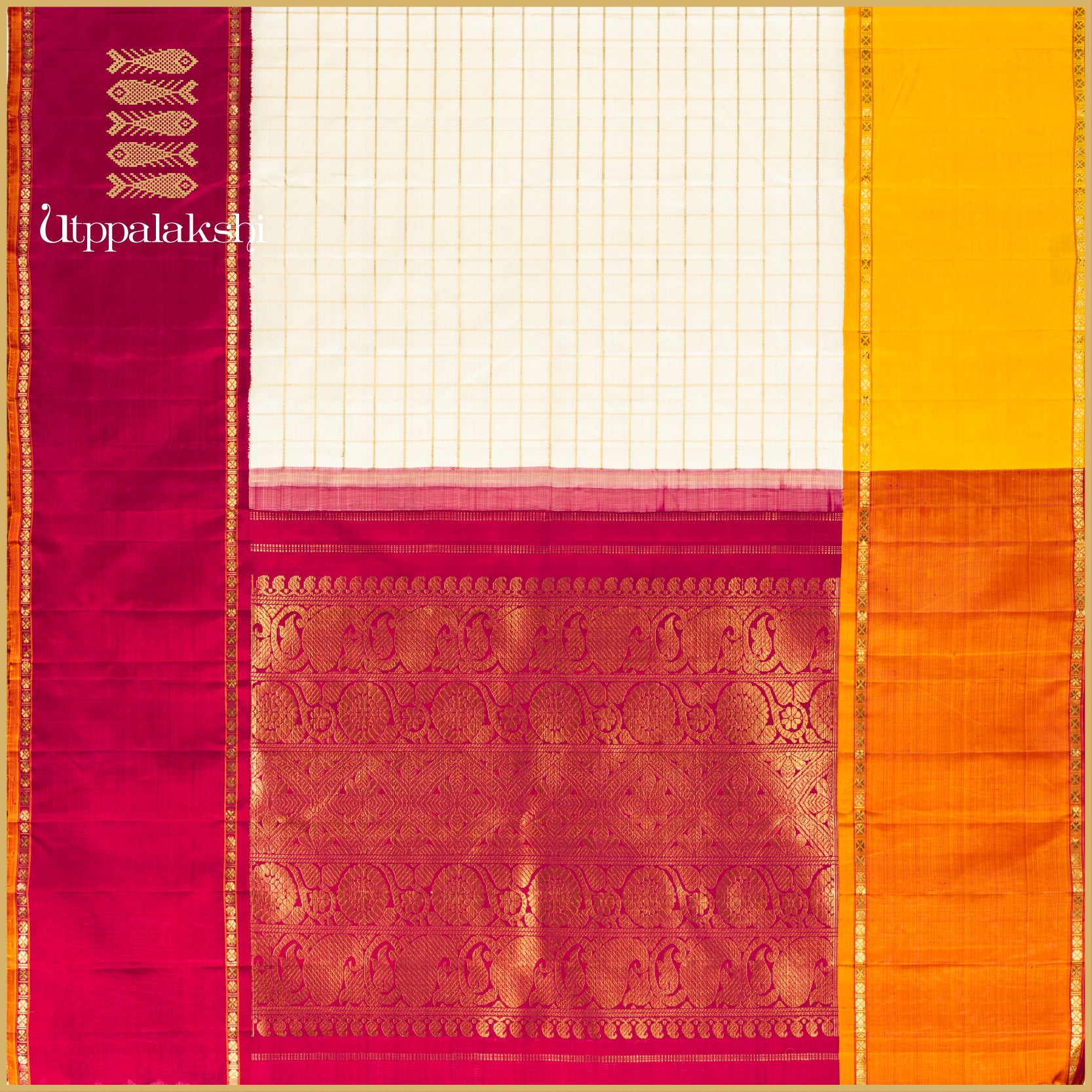 Off-White Zari Checks with Ganga Jamuna Kamalam Border - AN UTPPALAKSHI HANDWOVEN KANJIVARAM SILK SAREE