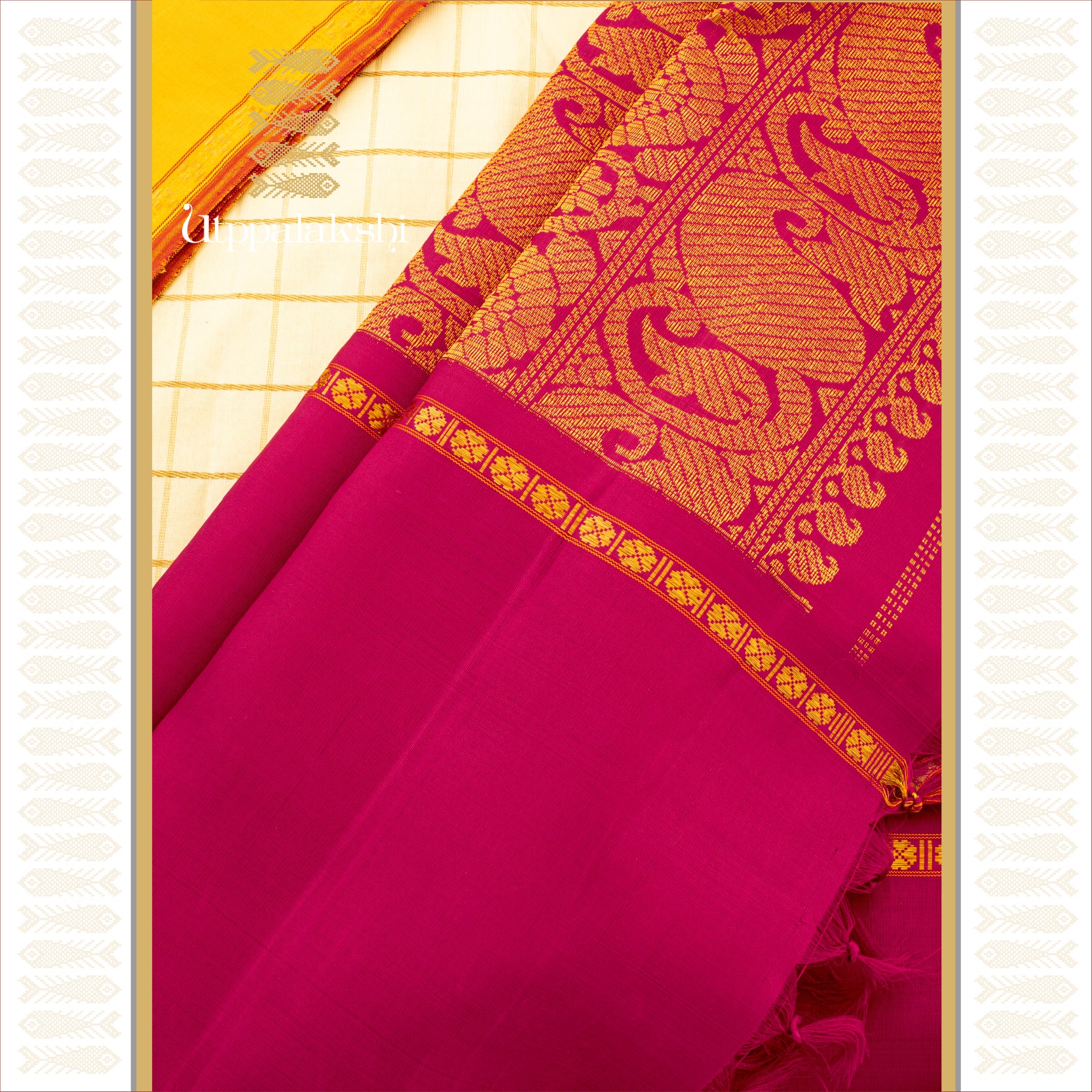 Off-White Zari Checks with Ganga Jamuna Kamalam Border - AN UTPPALAKSHI HANDWOVEN KANJIVARAM SILK SAREE