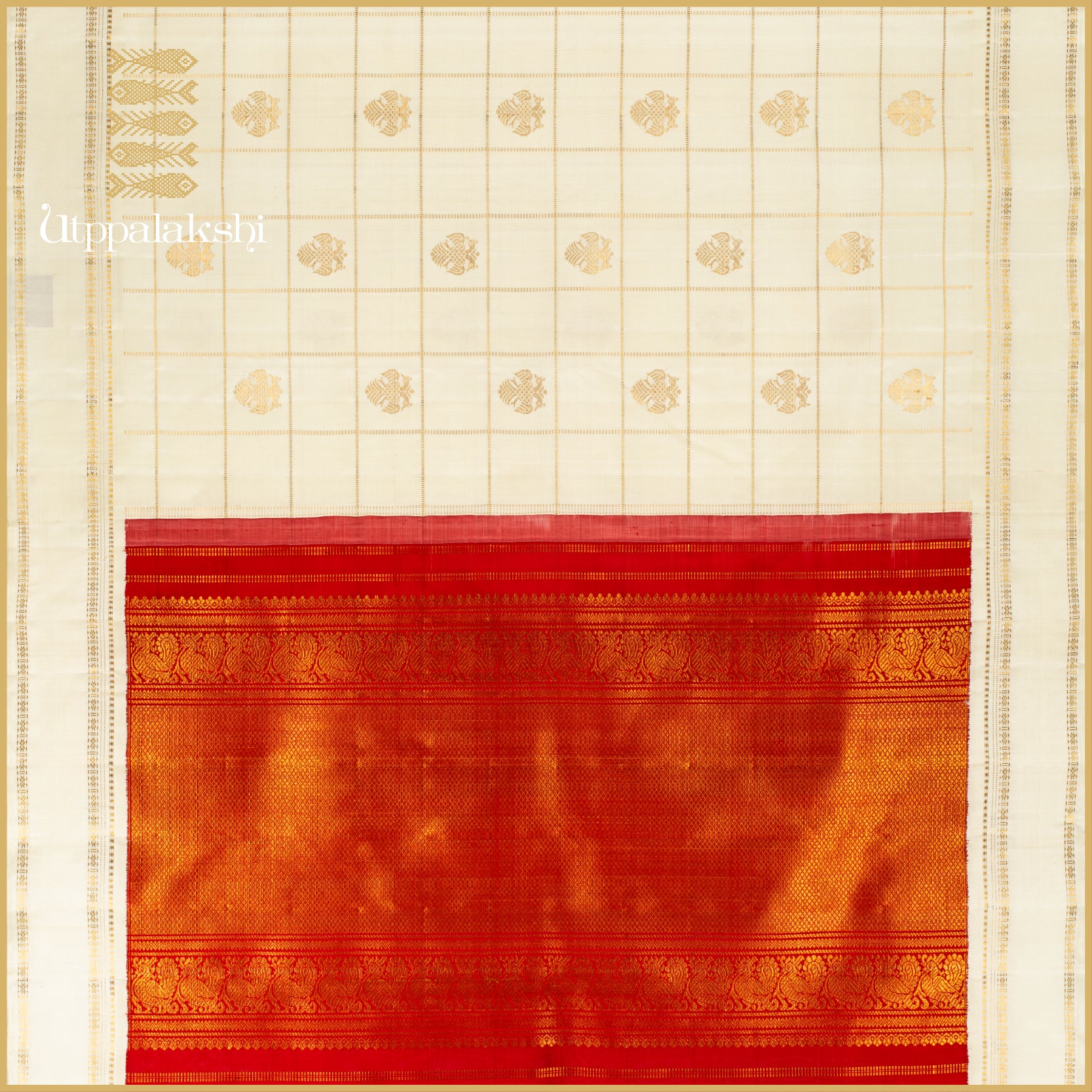 Off-White Muthukattam with Gandaberunda Motifs and Red Korvai Pallu - AN UTPPALAKSHI HANDWOVEN KANJIVARAM SILK SAREE