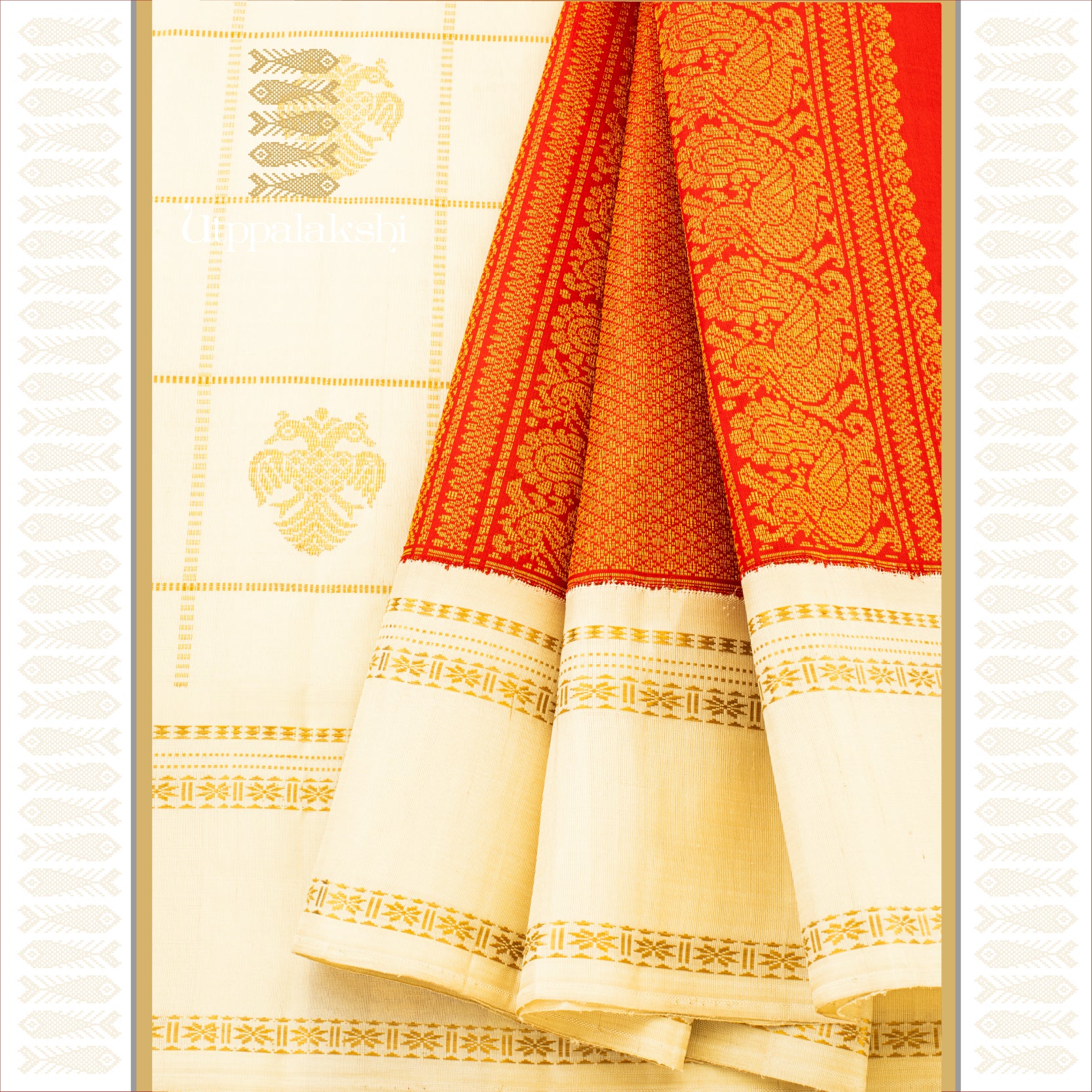 Off-White Muthukattam with Gandaberunda Motifs and Red Korvai Pallu - AN UTPPALAKSHI HANDWOVEN KANJIVARAM SILK SAREE