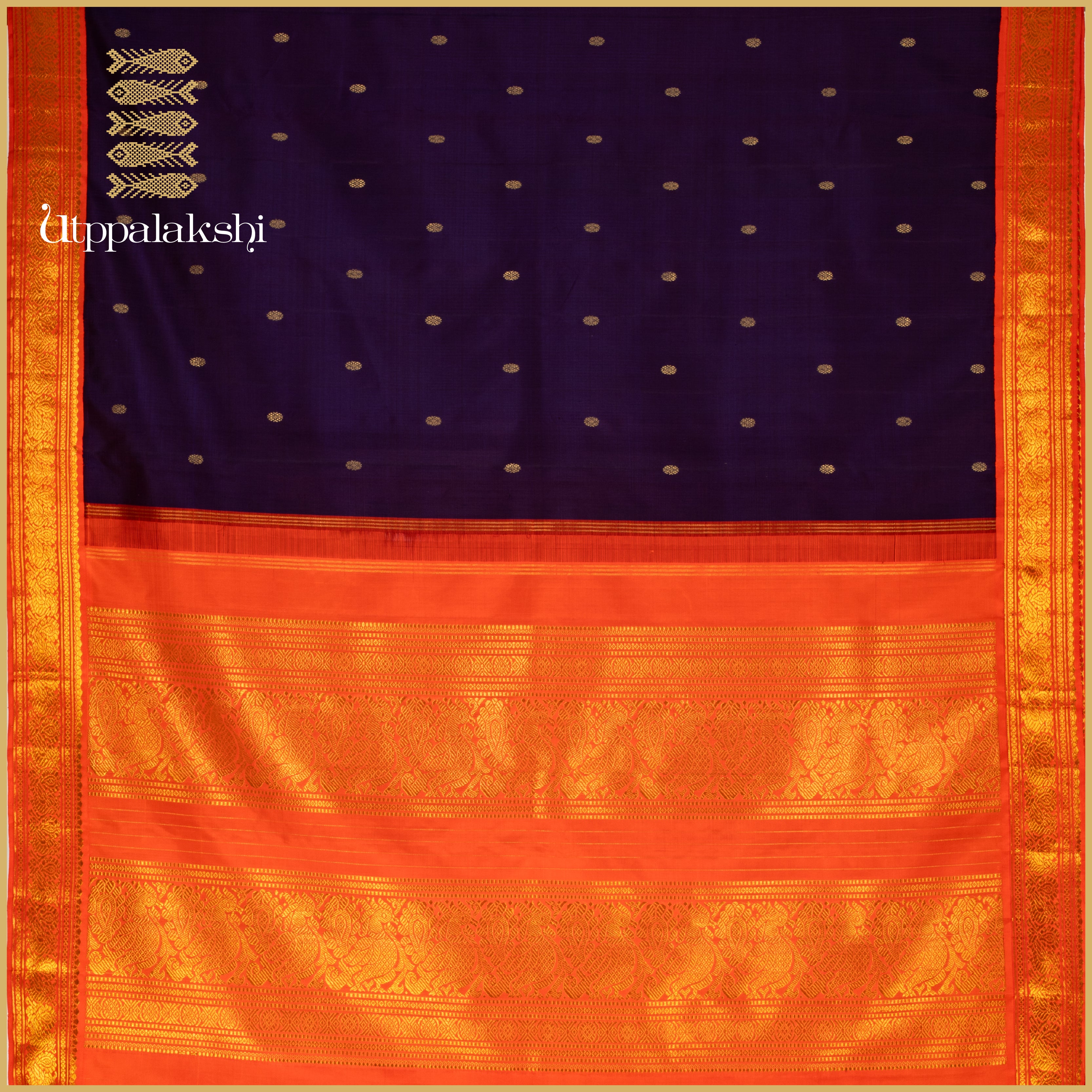 A Master Weaver’s Creation - Violet with Orange Mayil Pet Korvai - AN UTPPALAKSHI HANDWOVEN KANJIVARAM SILK SAREE