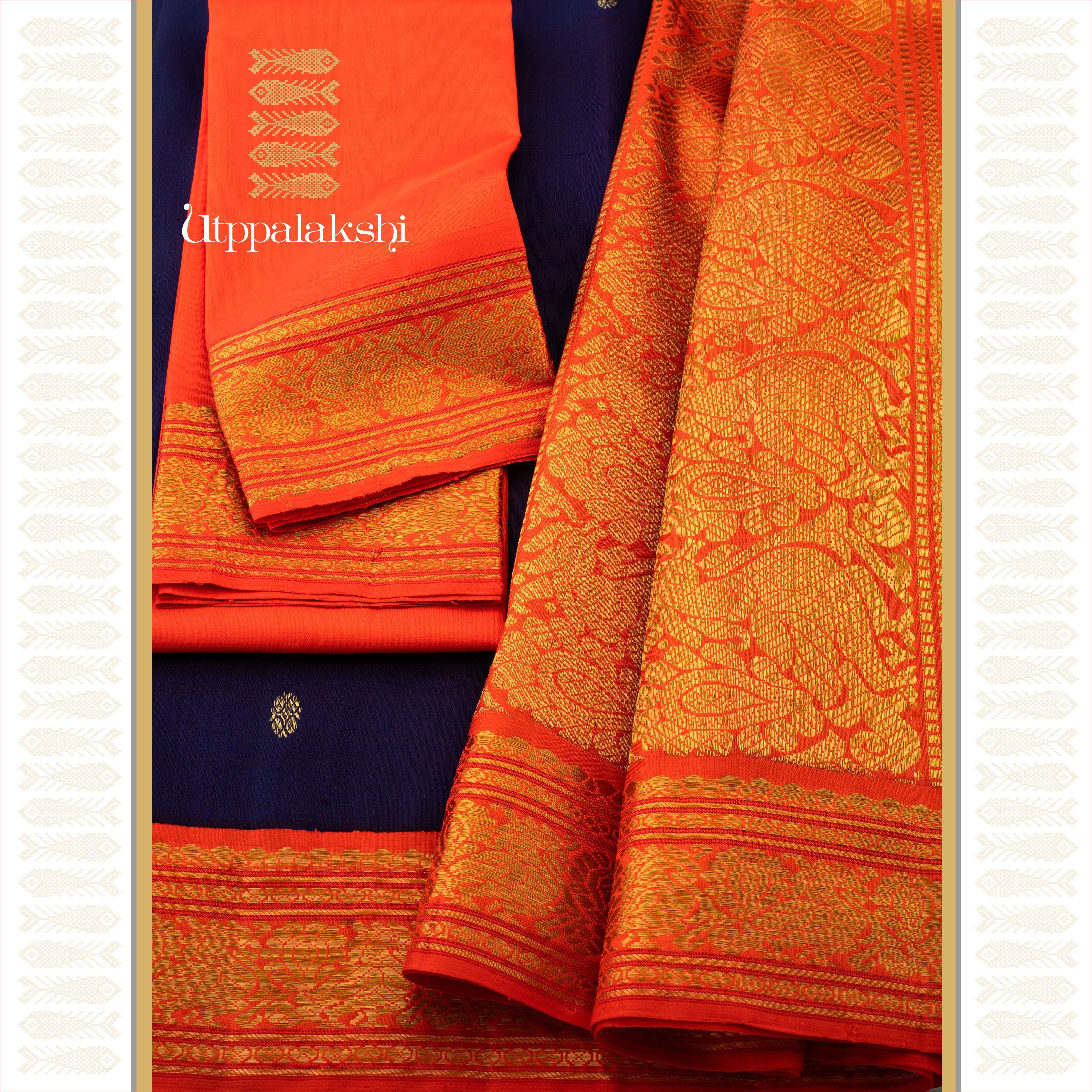 A Master Weaver’s Creation - Violet with Orange Mayil Pet Korvai - AN UTPPALAKSHI HANDWOVEN KANJIVARAM SILK SAREE