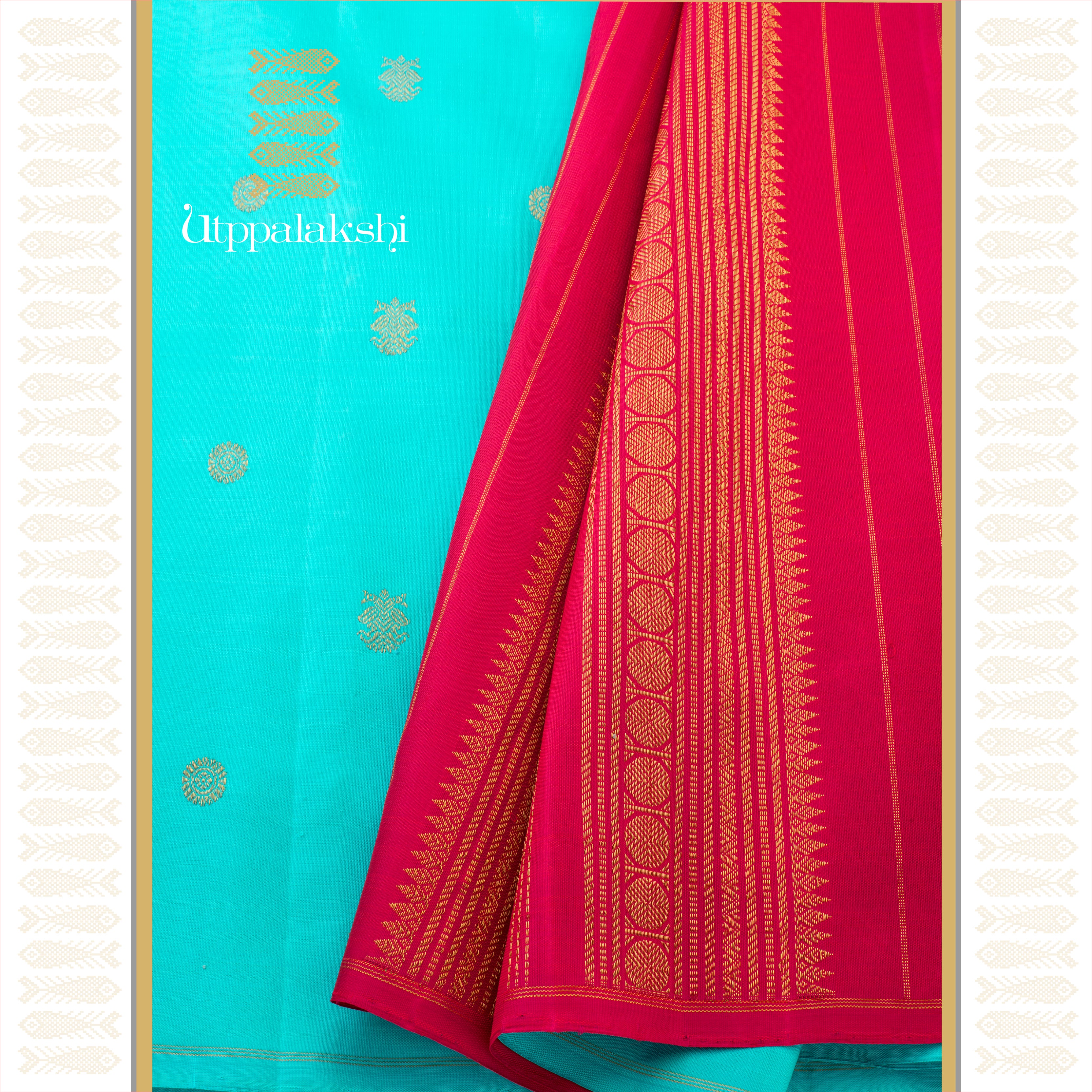 Ananda Sky Blue with Gandaberunda Motifs and Pink Pallu - AN UTPPALAKSHI HANDWOVEN KANJIVARAM SILK SAREE