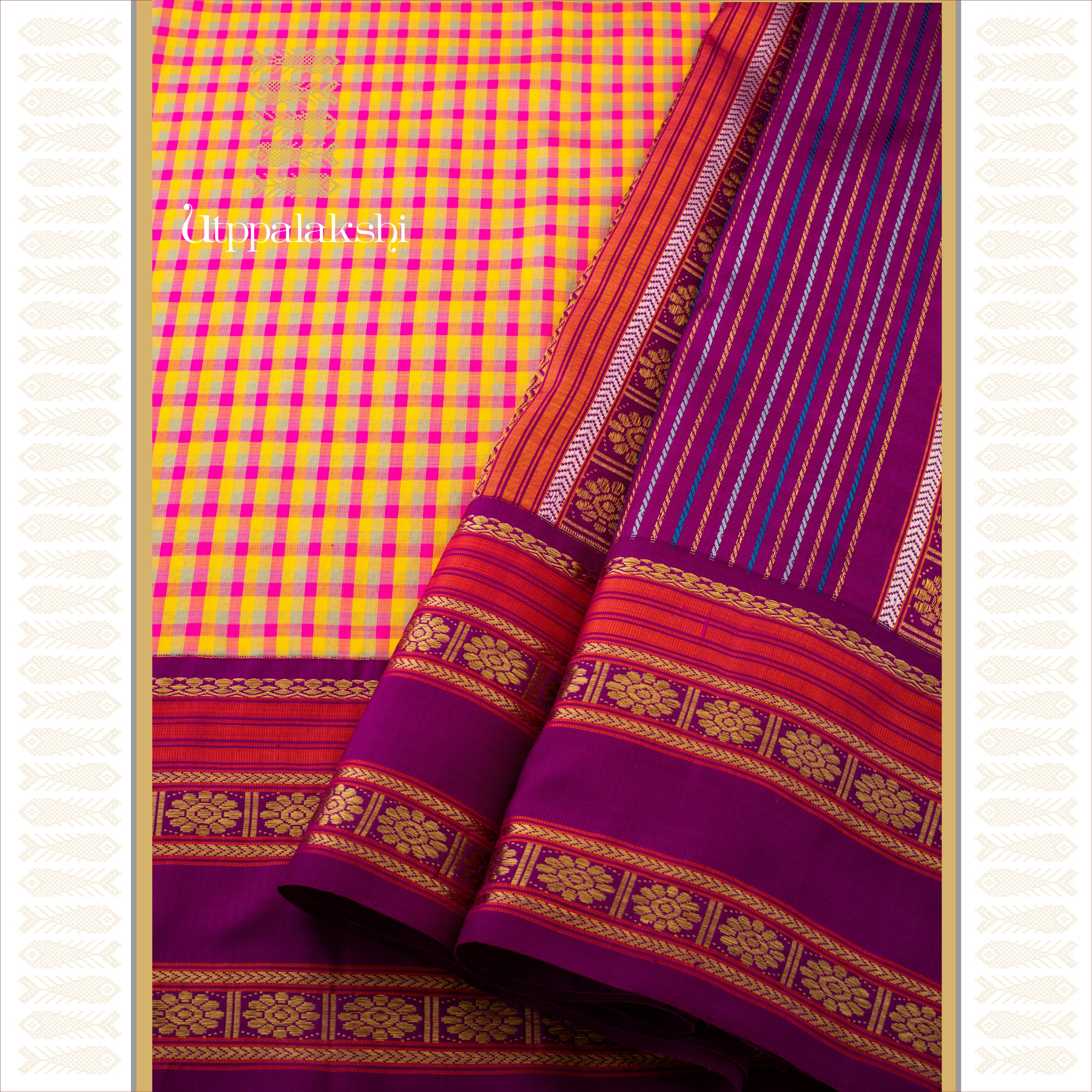 A Master Weaver’s Creation - Triple-Colour Pattani Checks with Purple Kamalam Border - AN UTPPALAKSHI HANDWOVEN KANJIVARAM SILK SAREE