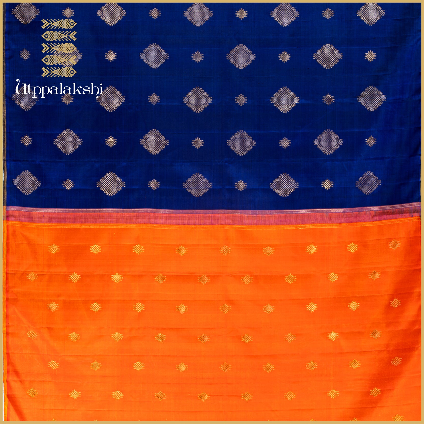 MS Blue Kolam Saree with Orange Contrast - AN UTPPALAKSHI HANDWOVEN KANJIVARAM SILK SAREE