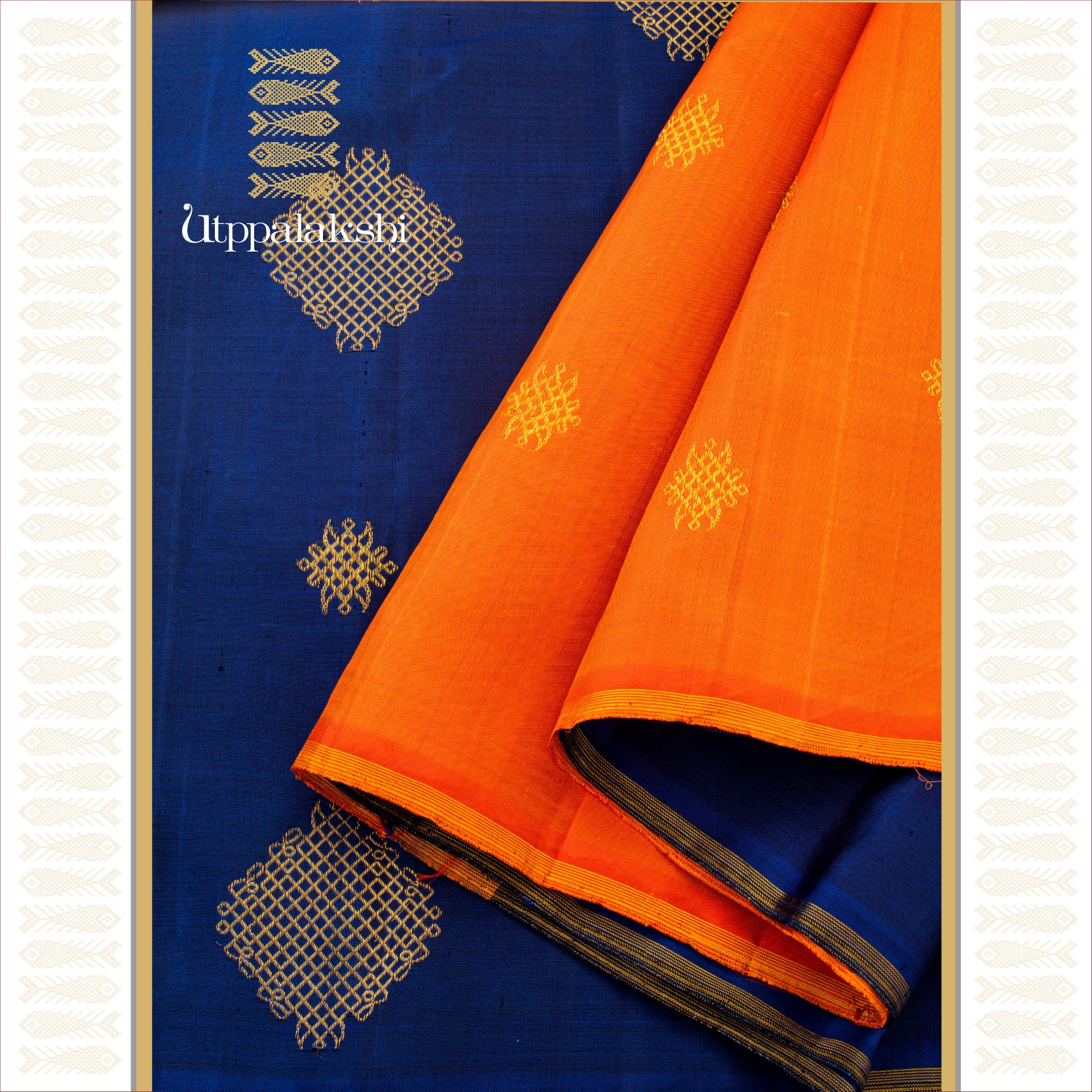 MS Blue Kolam Saree with Orange Contrast - AN UTPPALAKSHI HANDWOVEN KANJIVARAM SILK SAREE