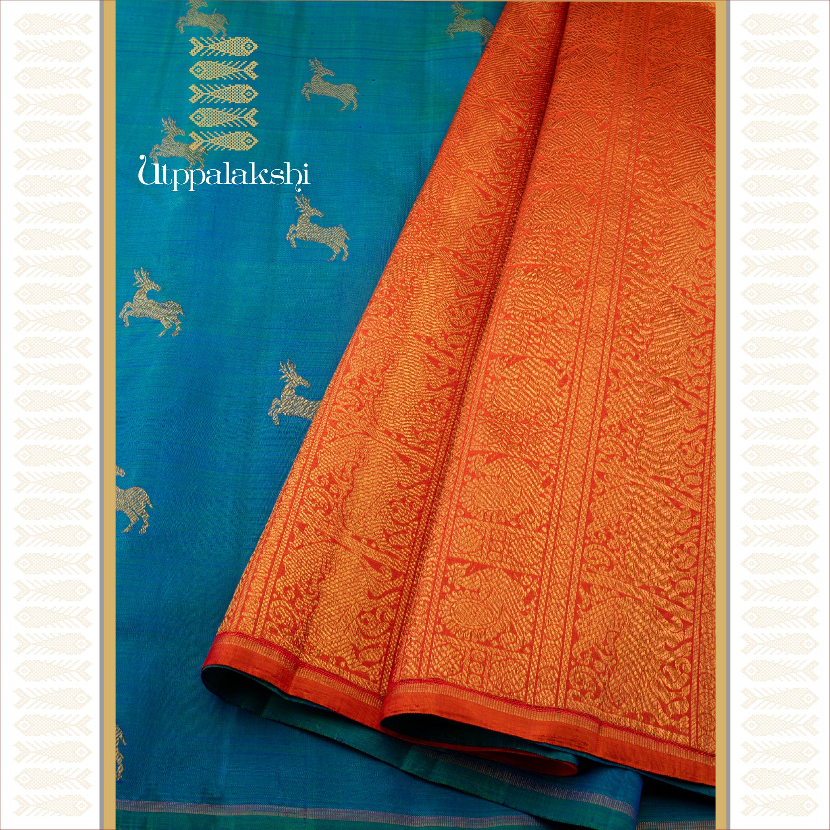 Light Peacock Blue with Orange Pallu and Annam–Yaazhi Motifs - AN UTPPALAKSHI HANDWOVEN KANJIVARAM SILK SAREE
