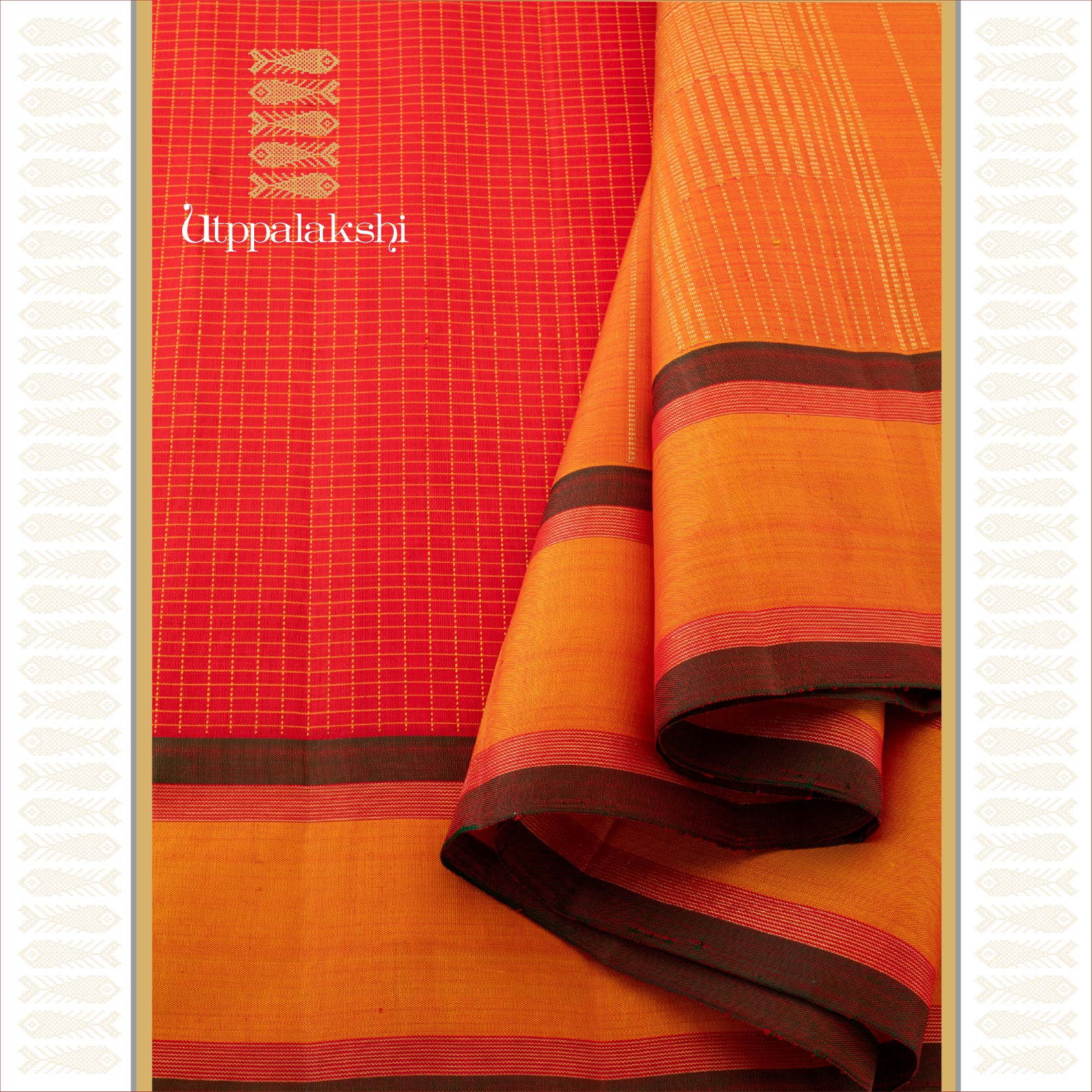Tomato Red Muthukattam with Mustard with Mandhulir Accents- AN UTPPALAKSHI HANDWOVEN KANJIVARAM SILK SAREE