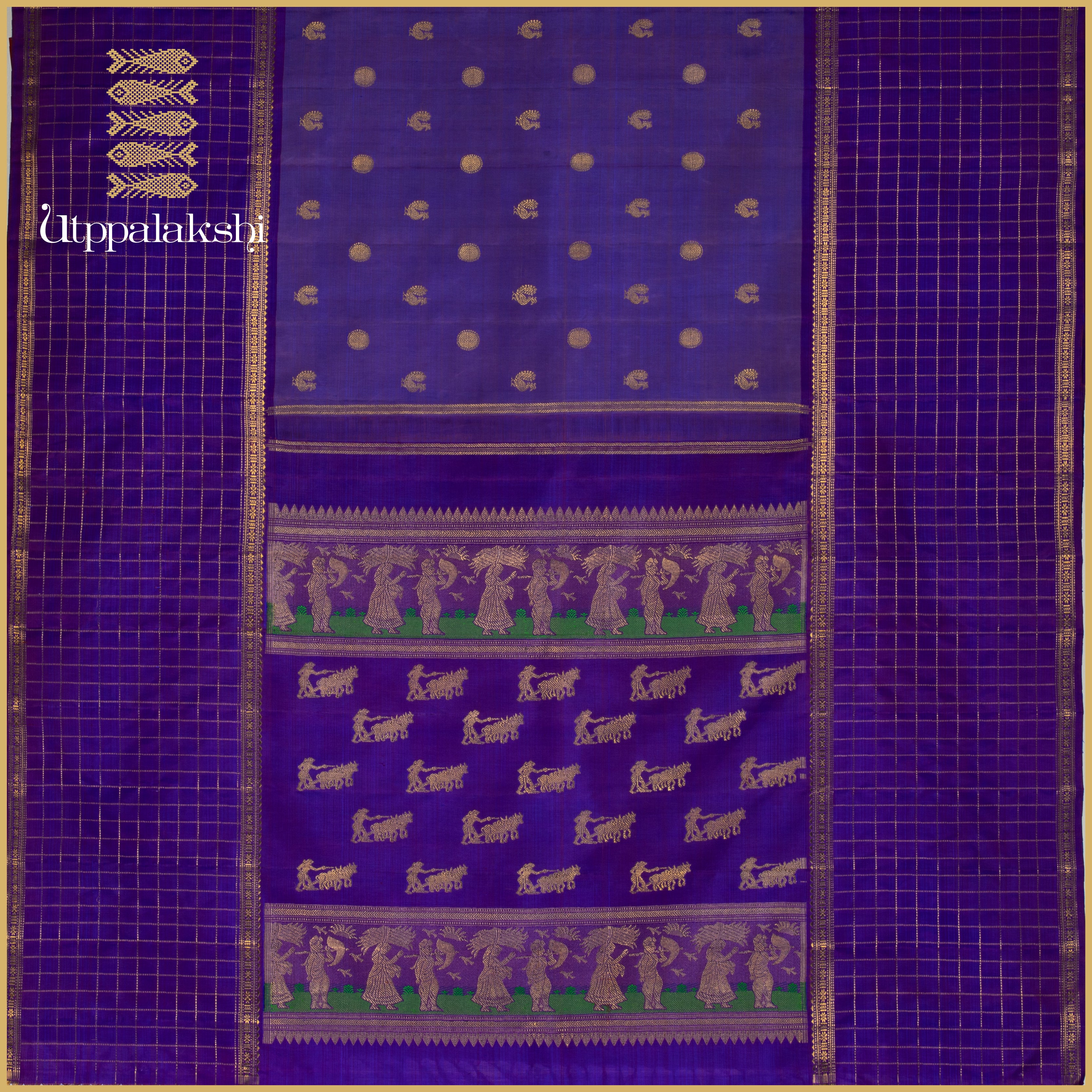 A Master Weaver’s Creation - Deep Lavender with Annam & Chakkaram Motifs and Grand Zari-Checked Border - AN UTPPALAKSHI HANDWOVEN KANJIVARAM SILK SAREE