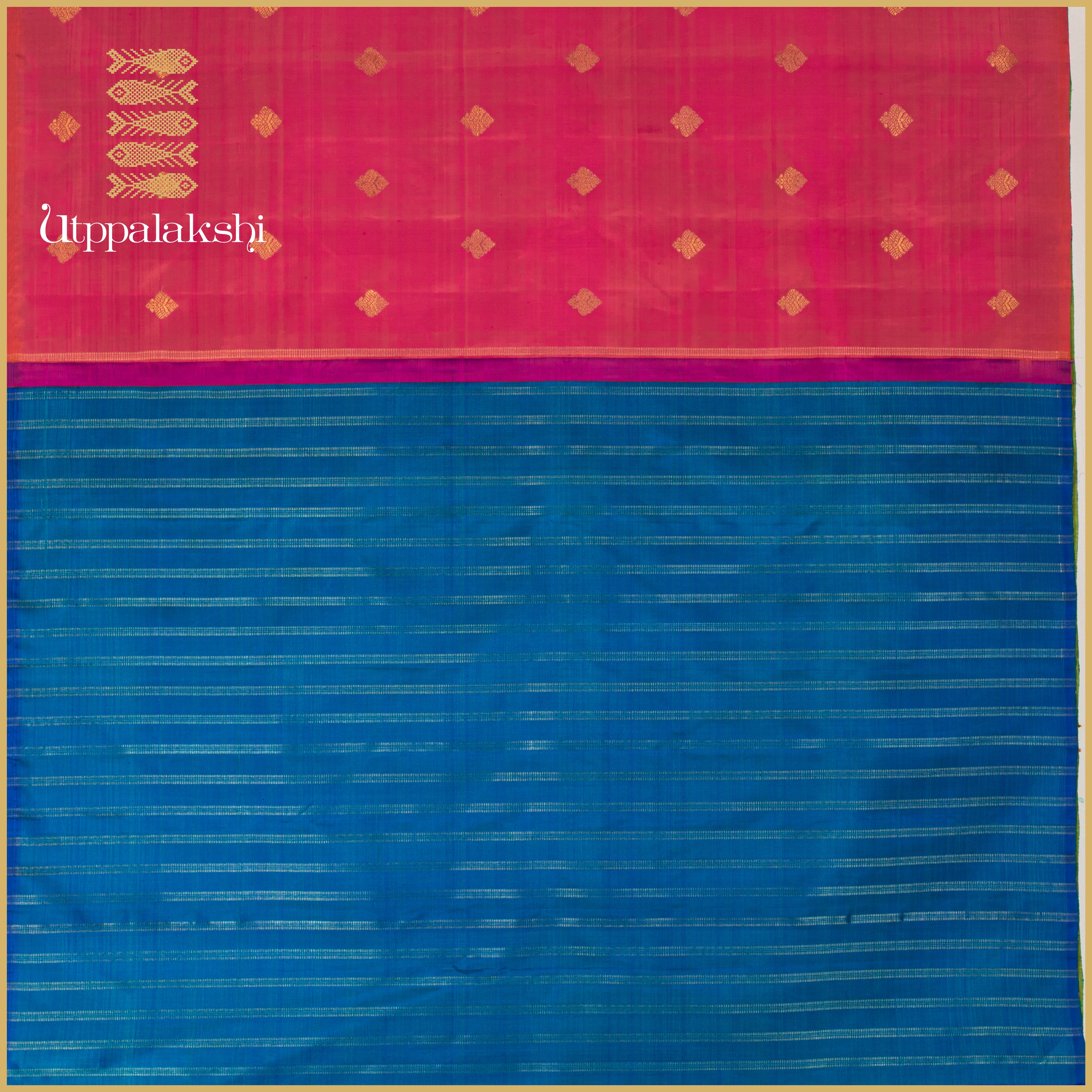 Thakkali Rose, Alli Green & Mayil Kazhuthu Blue Half & Half Saree - AN UTPPALAKSHI HANDWOVEN KANJIVARAM SILK SAREE