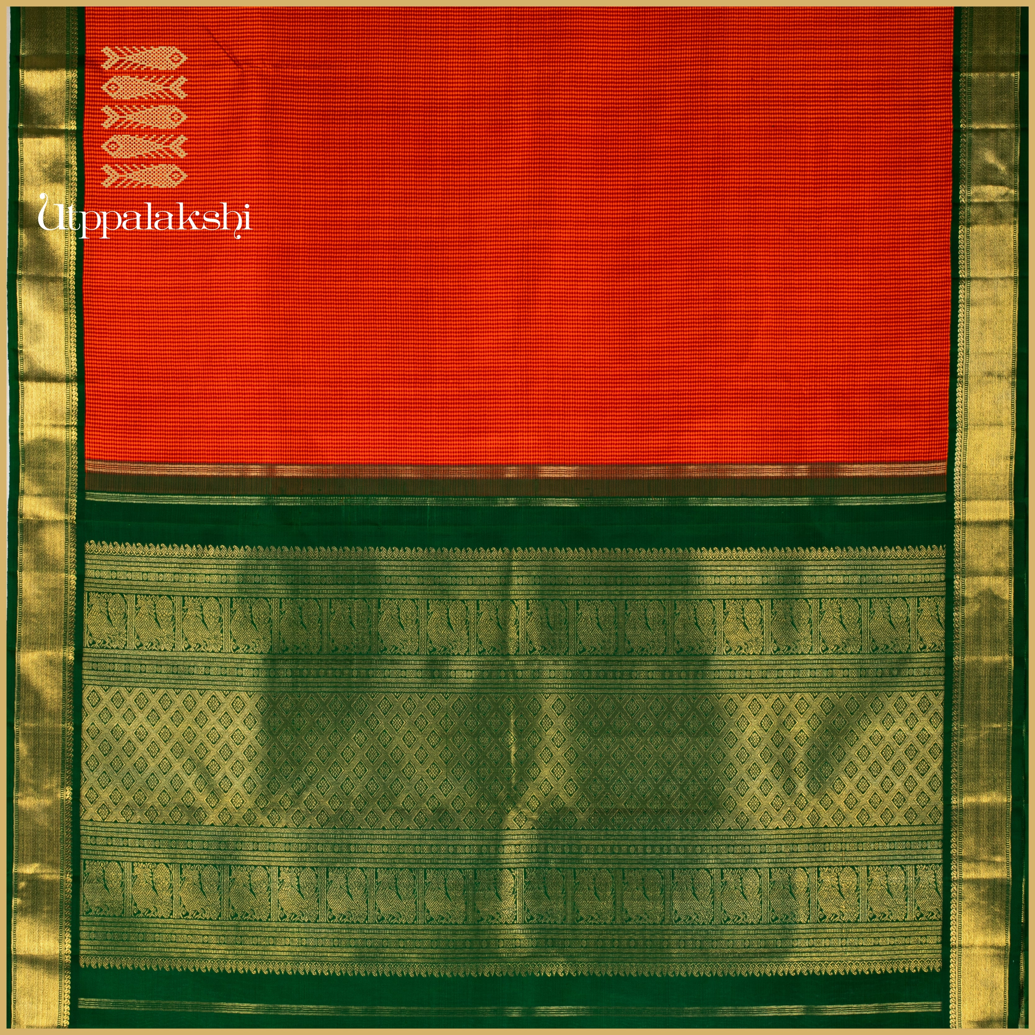 Orange Podi Checks with Bottle Green Getti Border and Grand Pallu - AN UTPPALAKSHI HANDWOVEN KANJIVARAM SILK SAREE