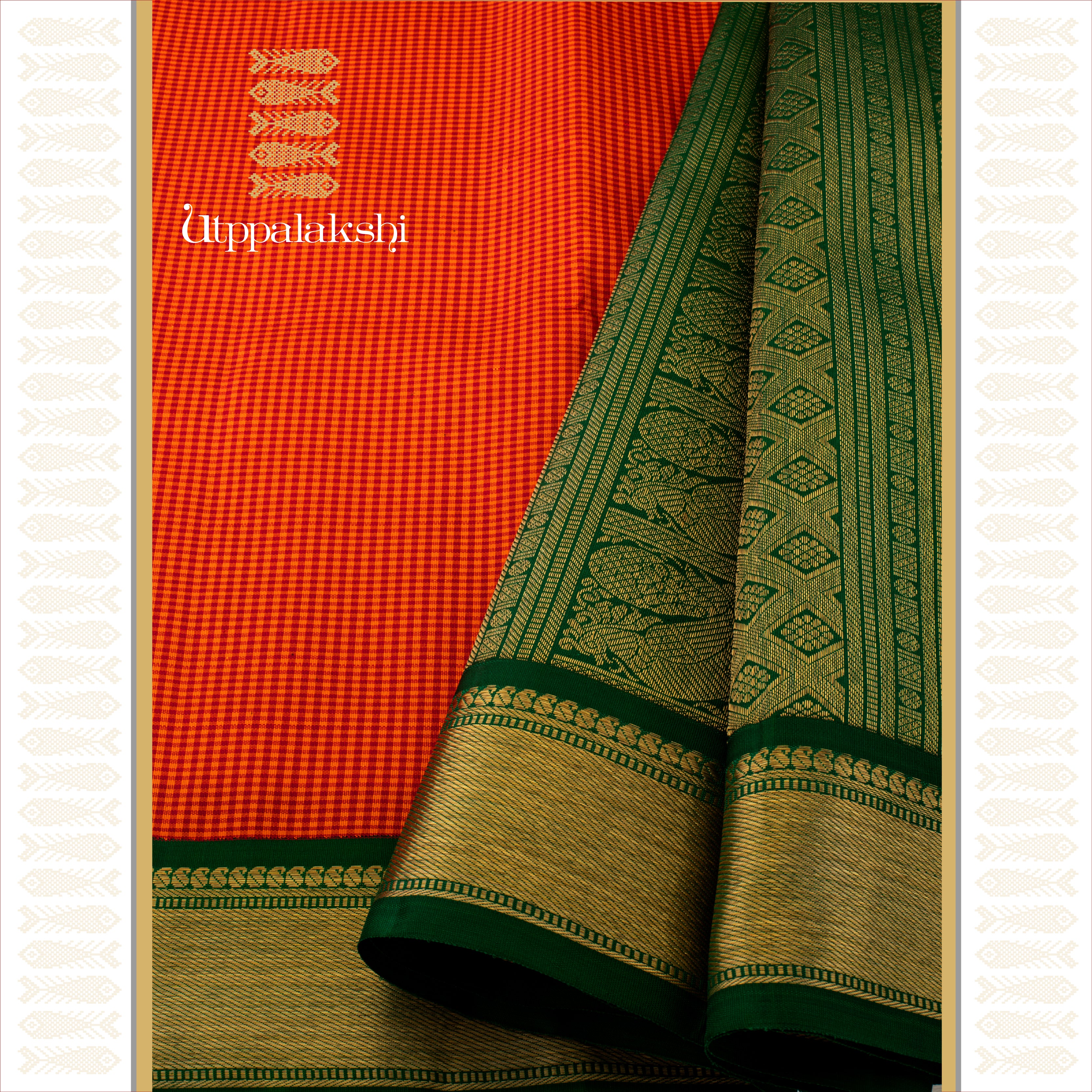 Orange Podi Checks with Bottle Green Getti Border and Grand Pallu - AN UTPPALAKSHI HANDWOVEN KANJIVARAM SILK SAREE