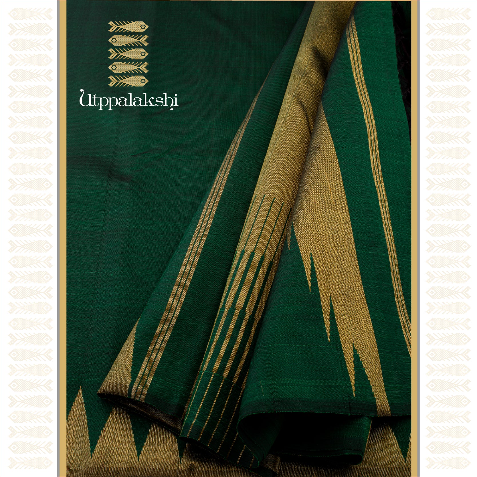Bottle Green with Moggu Temple Border and Cheeprake Seer Pallu - AN UTPPALAKSHI HANDWOVEN KANJIVARAM SILK SAREE