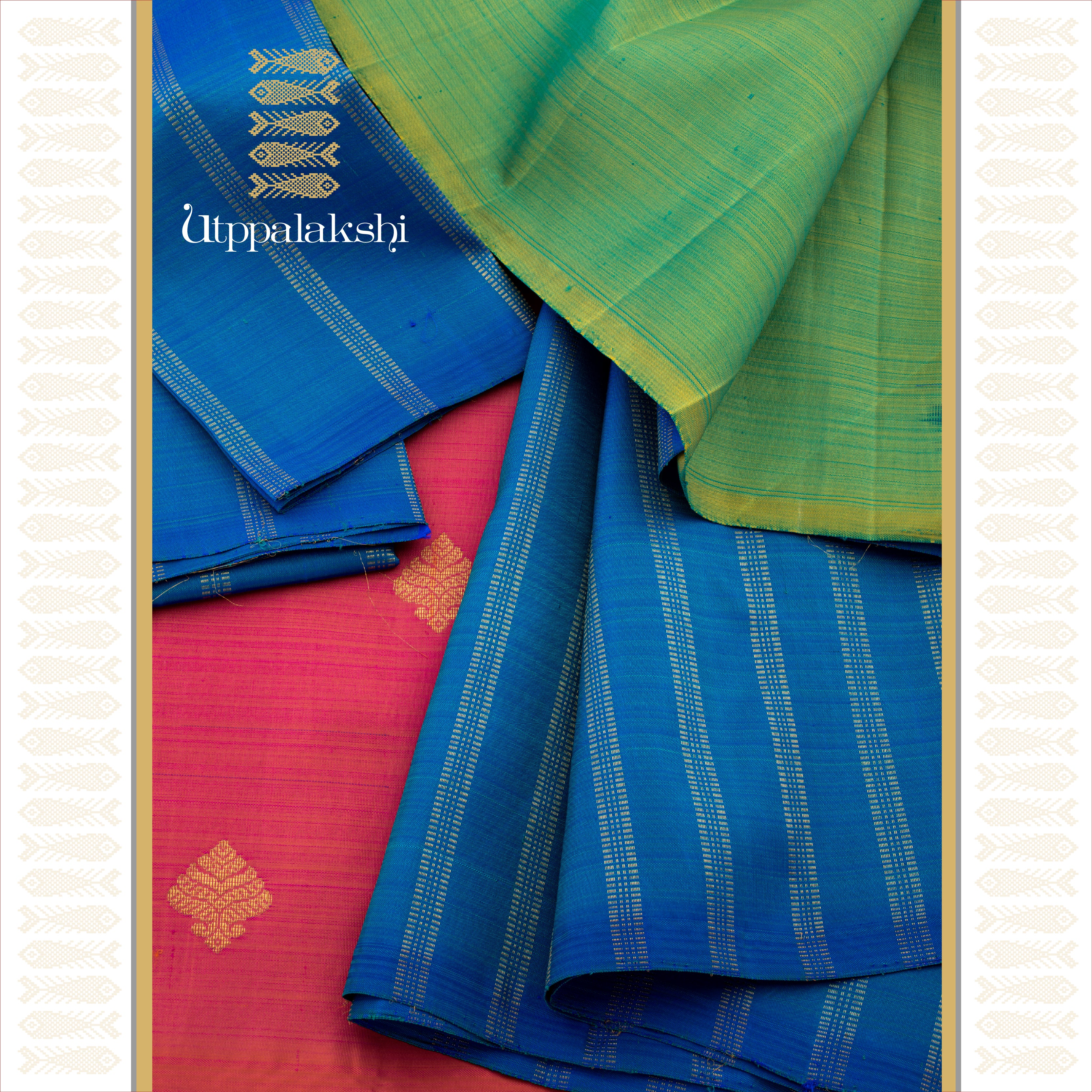 Thakkali Rose, Alli Green & Mayil Kazhuthu Blue Half & Half Saree - AN UTPPALAKSHI HANDWOVEN KANJIVARAM SILK SAREE