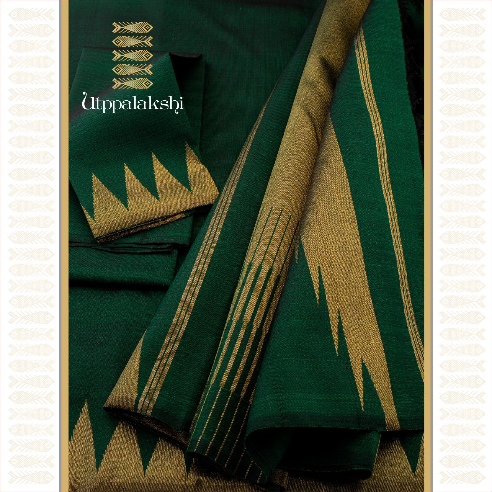 Bottle Green with Moggu Temple Border and Cheeprake Seer Pallu - AN UTPPALAKSHI HANDWOVEN KANJIVARAM SILK SAREE