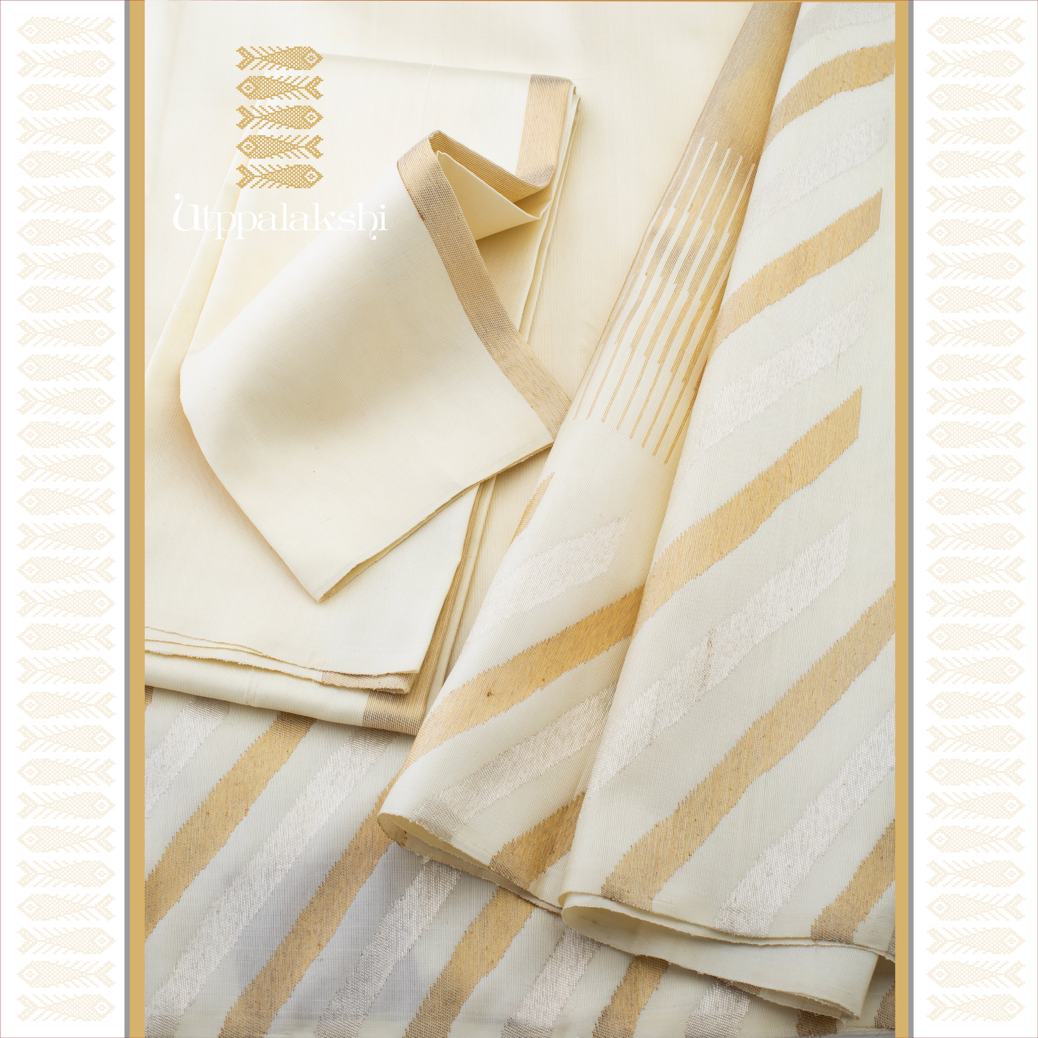 A Master Weaver’s Creation - Off White with 8-Kol Bavanji Border - AN UTPPALAKSHI HANDWOVEN KANJIVARAM SILK SAREE