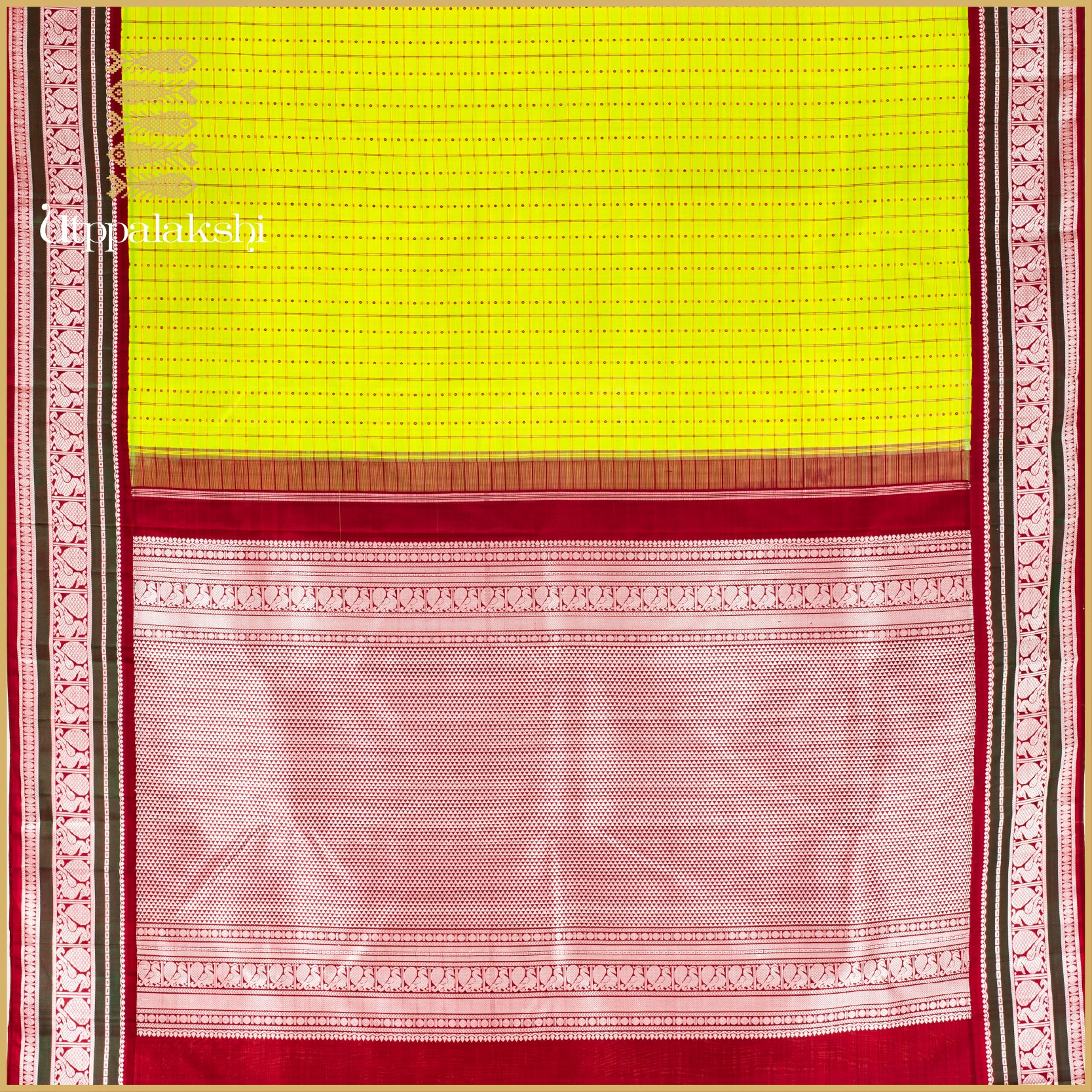 Sampanga Green Checks with Laksha Deepam Korvai - AN UTPPALAKSHI HANDWOVEN KANJIVARAM SILK SAREE