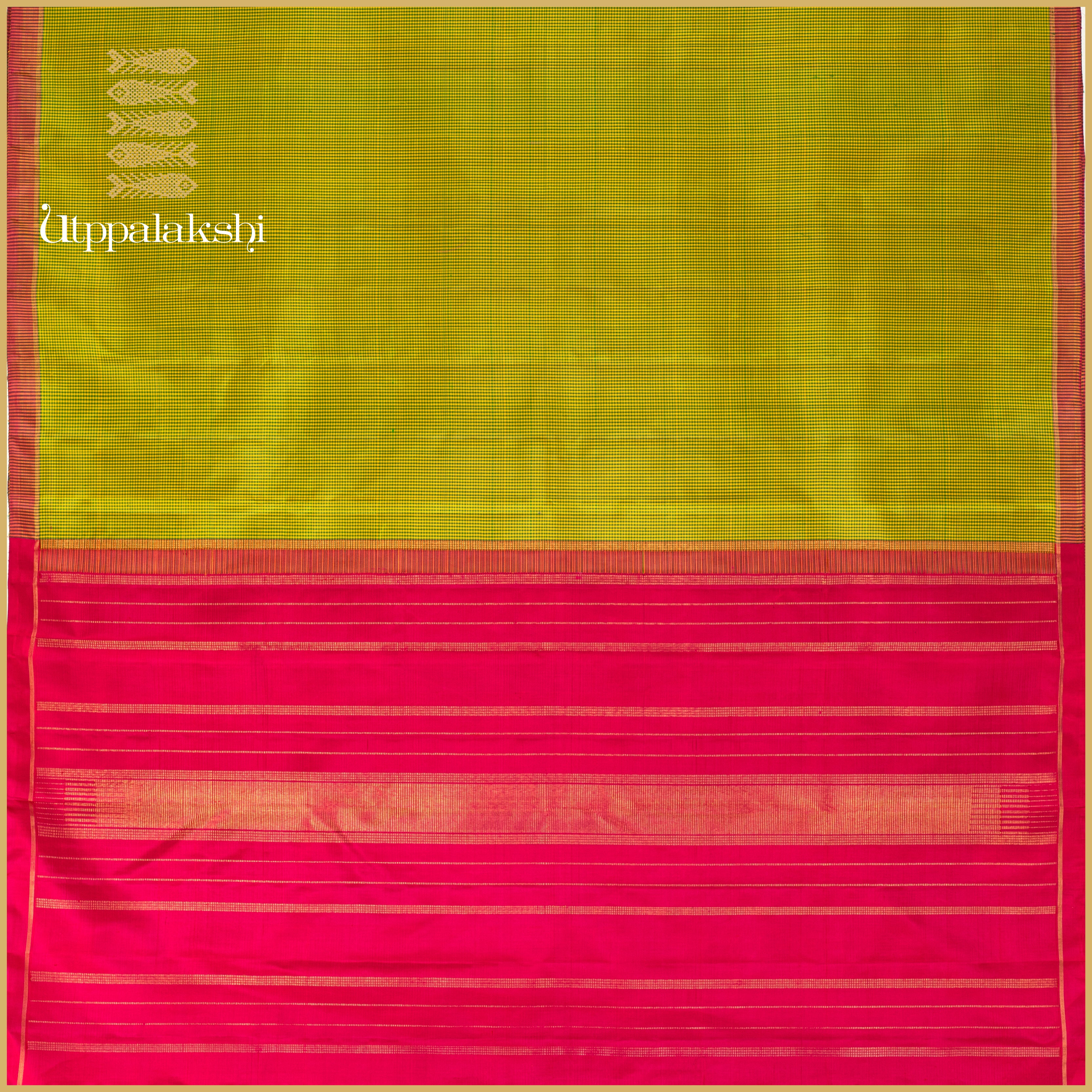Green with Yellow Kasakasa Checks and Pink Seer Pallu - AN UTPPALAKSHI HANDWOVEN KANJIVARAM SILK SAREE