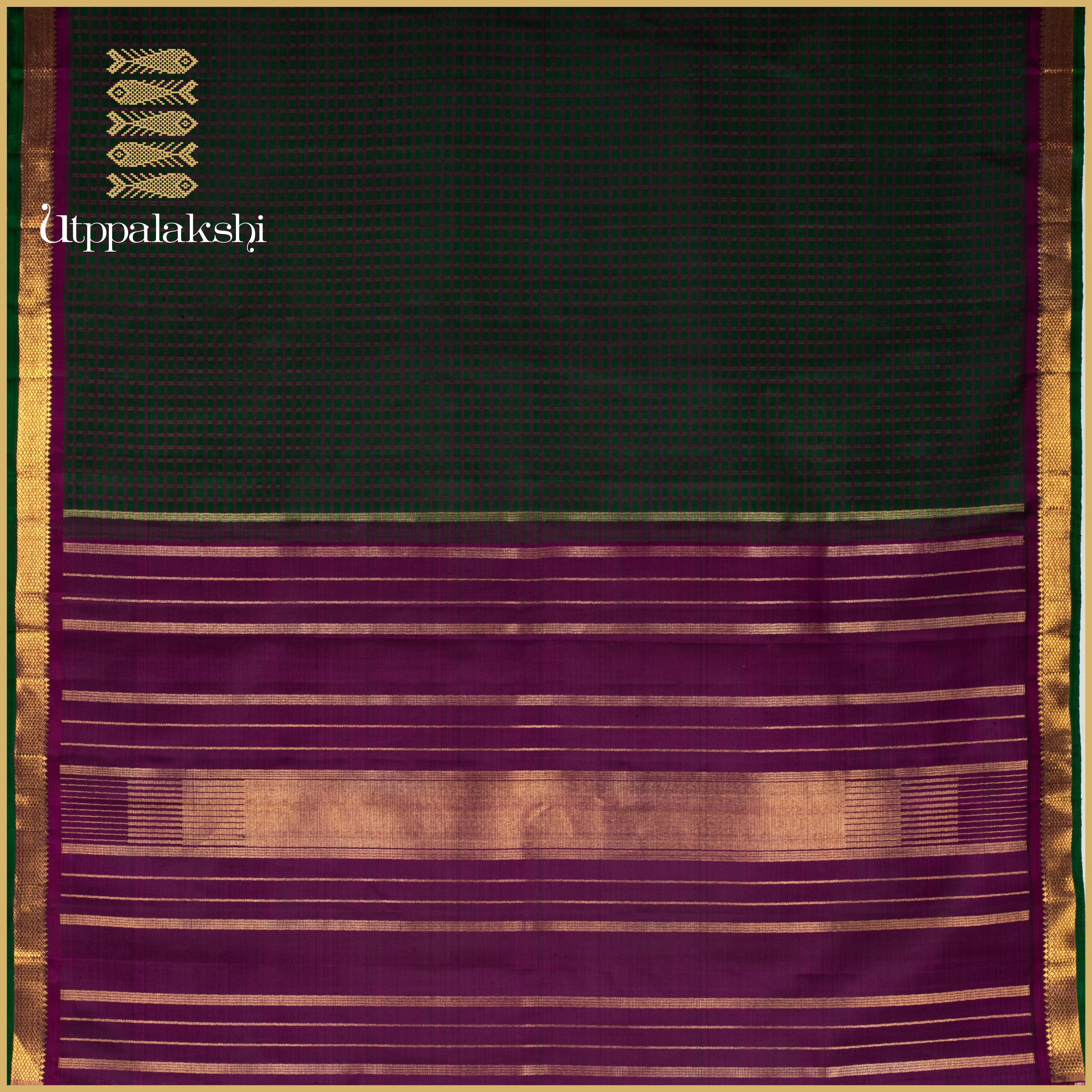 Meenakshi Green with Purple Muthukattam Checks and Seer Pallu - AN UTPPALAKSHI HANDWOVEN KANJIVARAM SILK SAREE