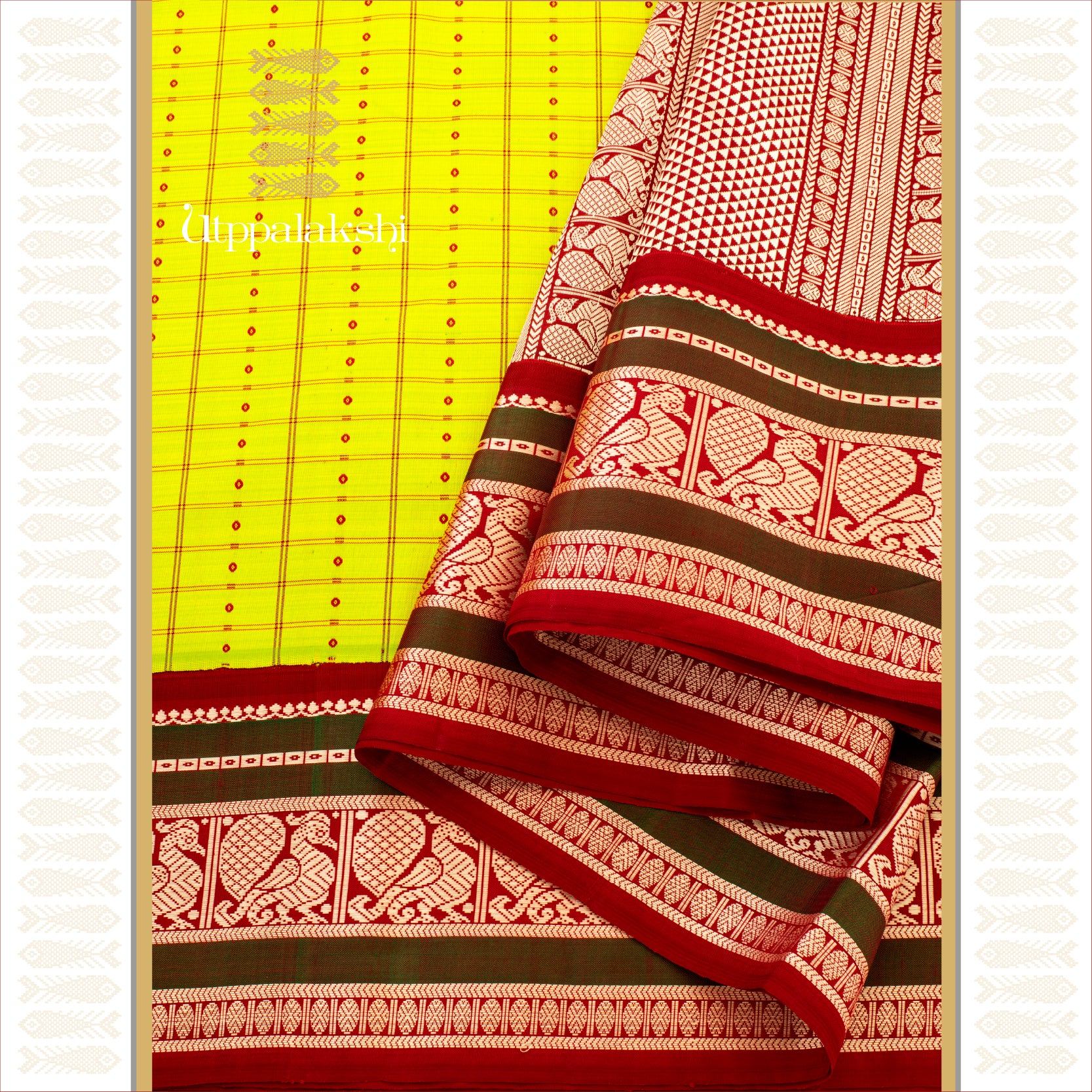 Sampanga Green Checks with Laksha Deepam Korvai - AN UTPPALAKSHI HANDWOVEN KANJIVARAM SILK SAREE