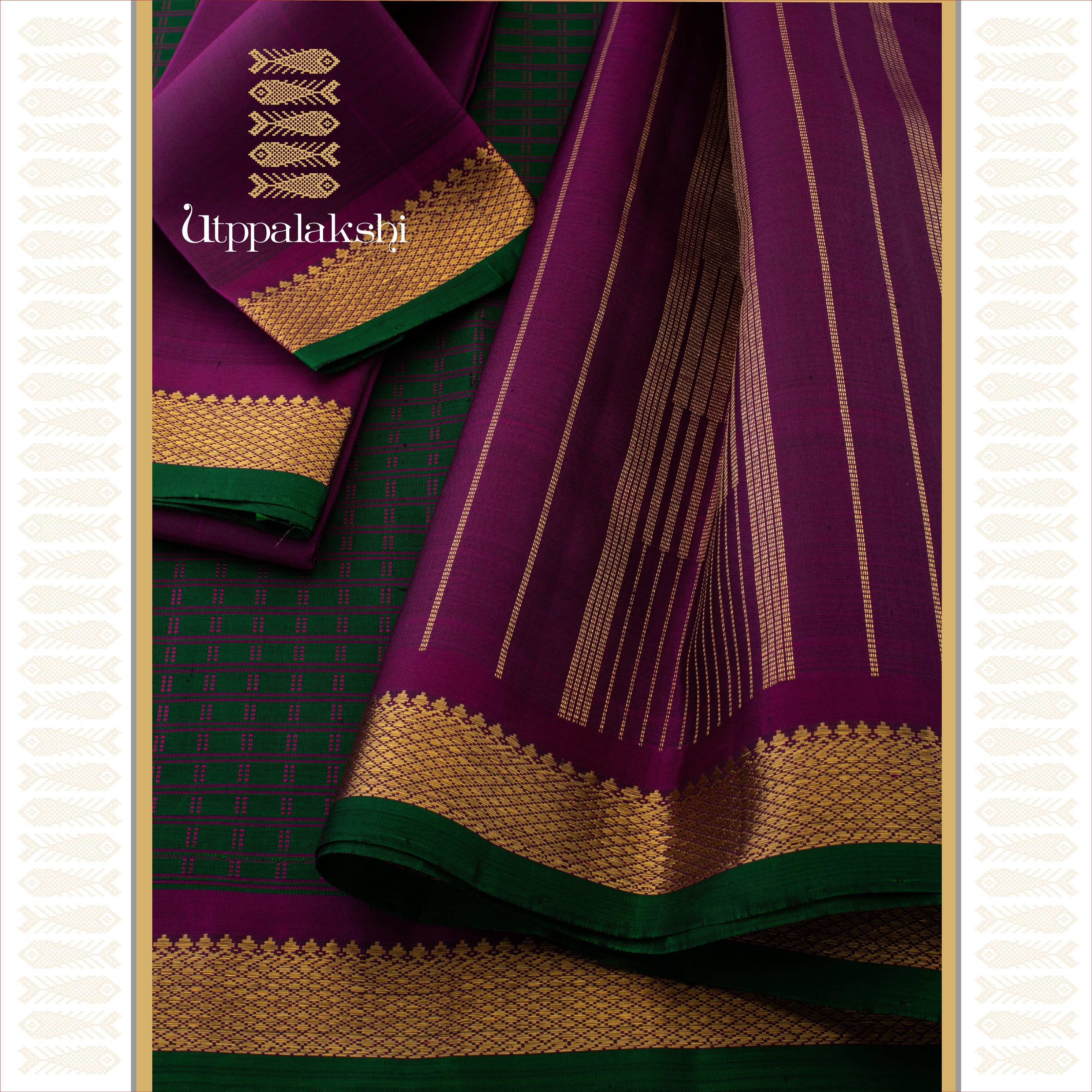 Meenakshi Green with Purple Muthukattam Checks and Seer Pallu - AN UTPPALAKSHI HANDWOVEN KANJIVARAM SILK SAREE
