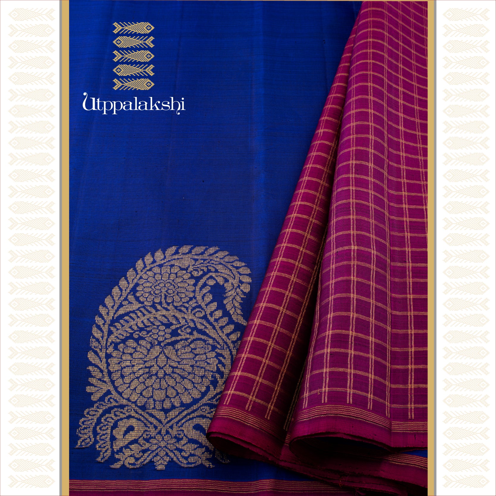 MS Blue with Big Mango Border and Violet Accents - AN UTPPALAKSHI HANDWOVEN KANJIVARAM SILK SAREE