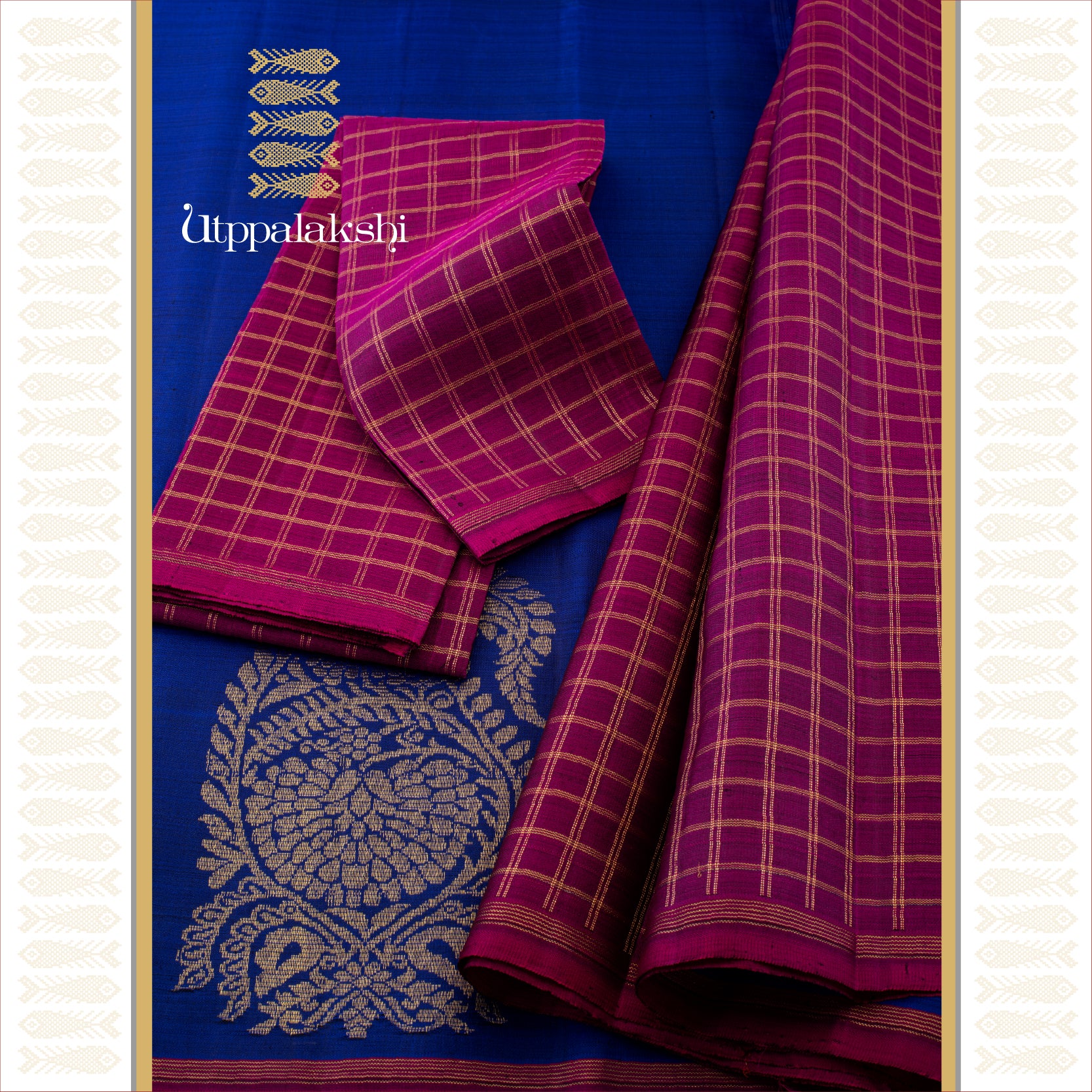 MS Blue with Big Mango Border and Violet Accents - AN UTPPALAKSHI HANDWOVEN KANJIVARAM SILK SAREE