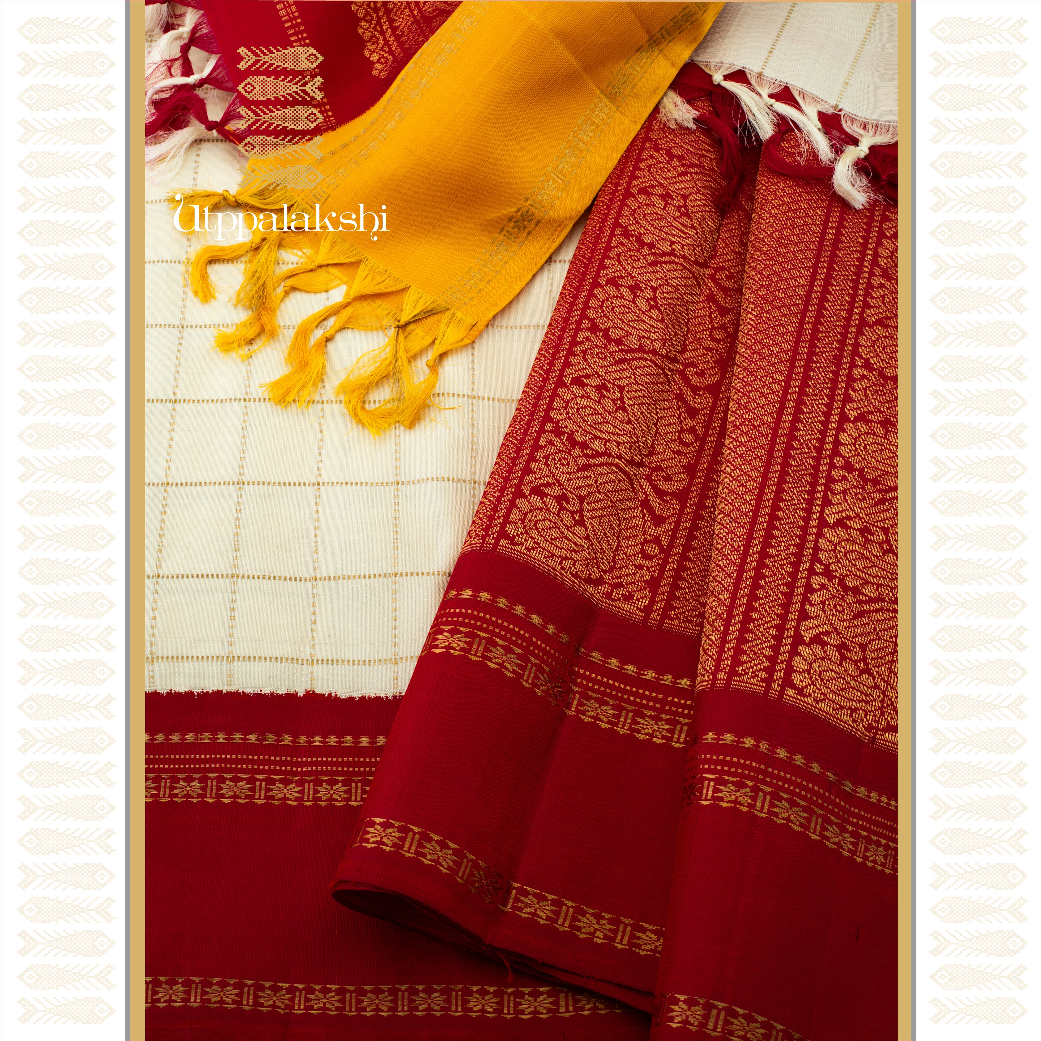 Off-White Zari Checks with Ganga Jamuna Thuthripoo Border - AN UTPPALAKSHI HANDWOVEN KANJIVARAM SILK SAREE