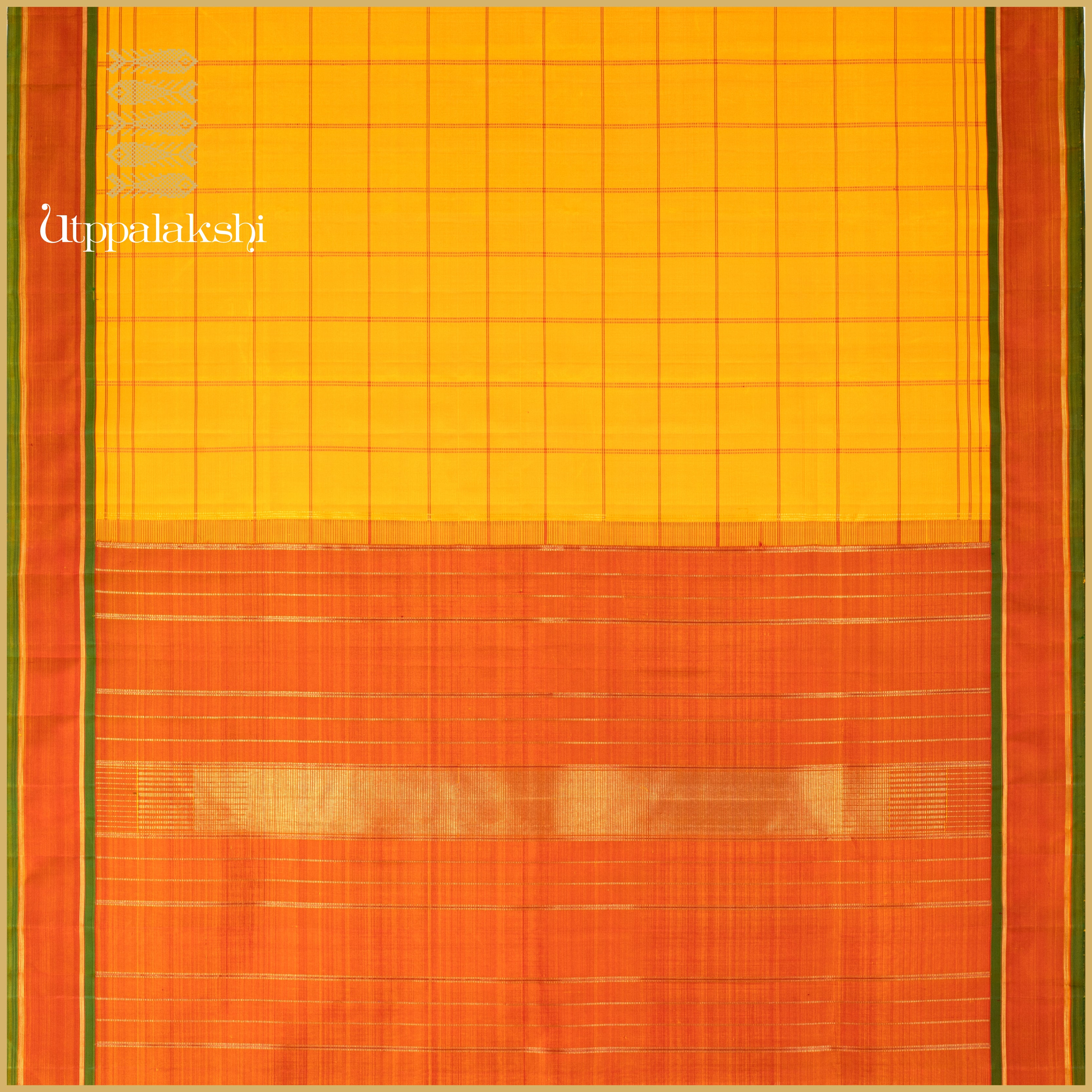Yellow with Reddish Rust and Green Border. Big Kattam Seer Pallu - AN UTPPALAKSHI HANDWOVEN KANJIVARAM SILK SAREE