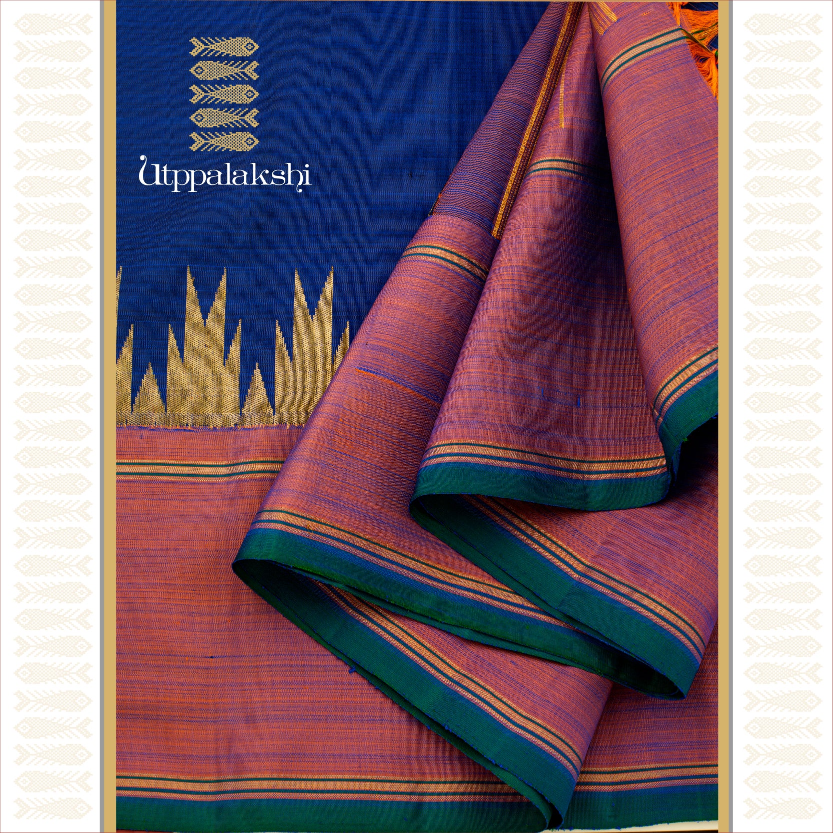 MS Blue with Semi Korvai Temple Border - AN UTPPALAKSHI HANDWOVEN KANJIVARAM SILK SAREE