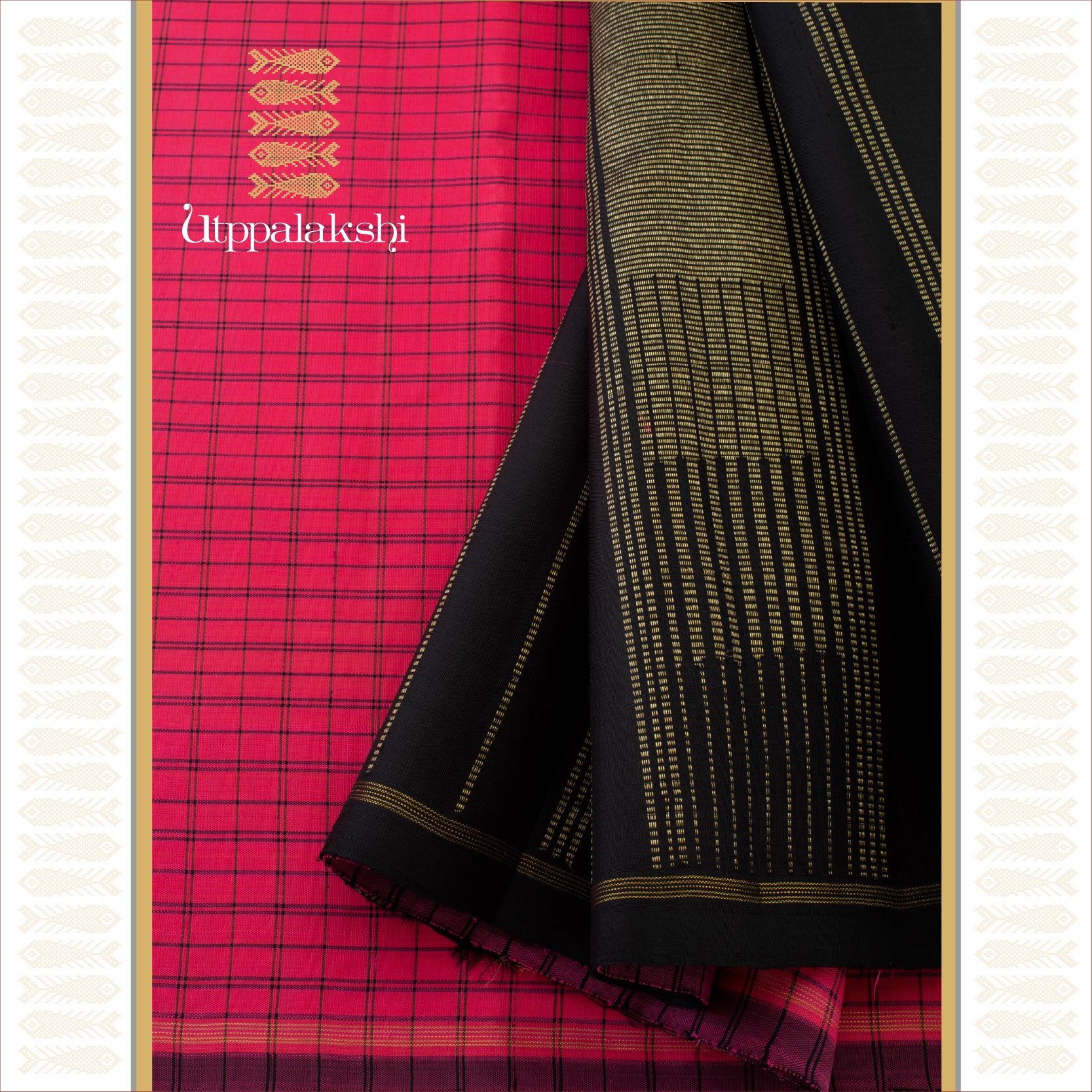 Pink with Black Checks and Black Seer Pallu - AN UTPPALAKSHI HANDWOVEN KANJIVARAM SILK SAREE
