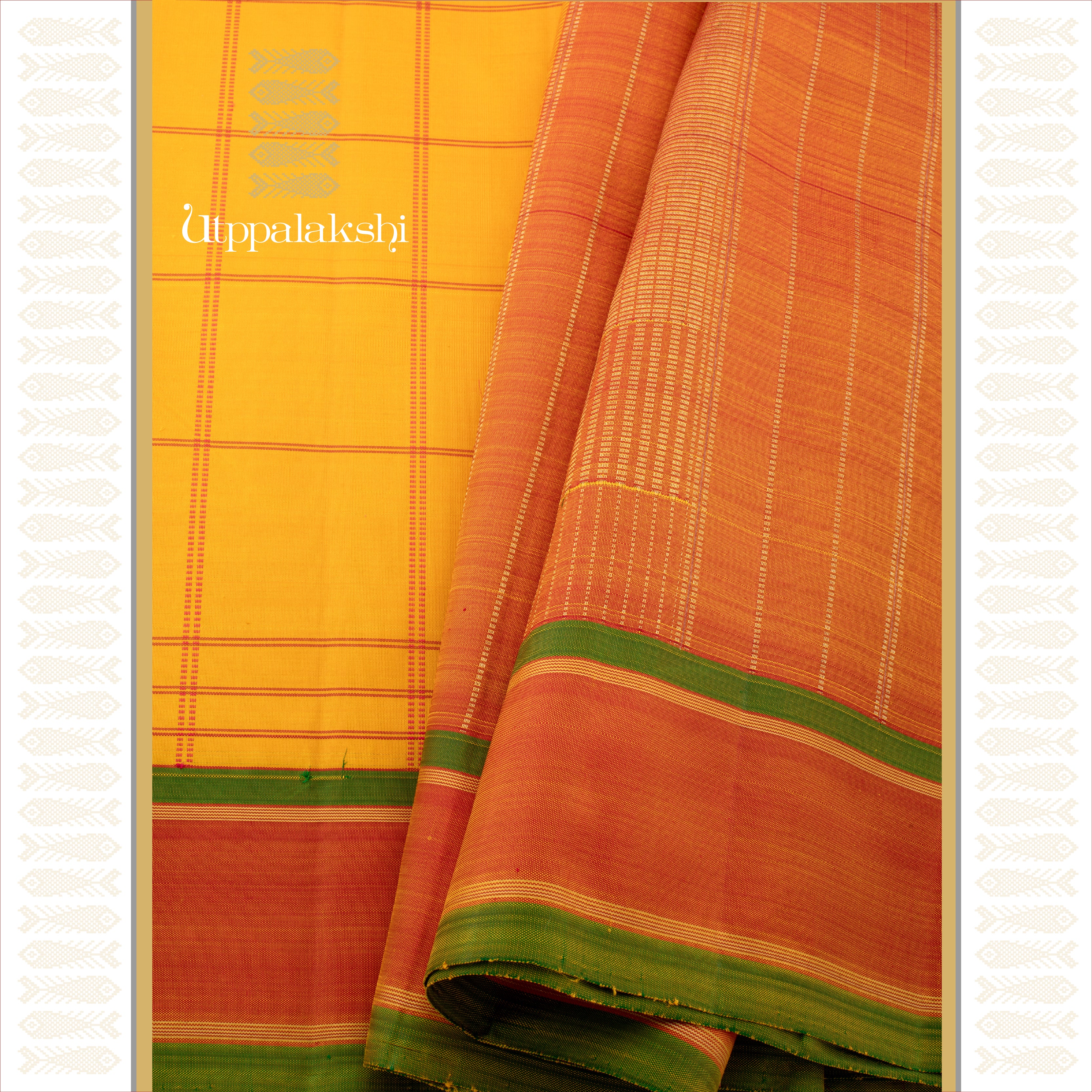 Yellow with Reddish Rust and Green Border. Big Kattam Seer Pallu - AN UTPPALAKSHI HANDWOVEN KANJIVARAM SILK SAREE