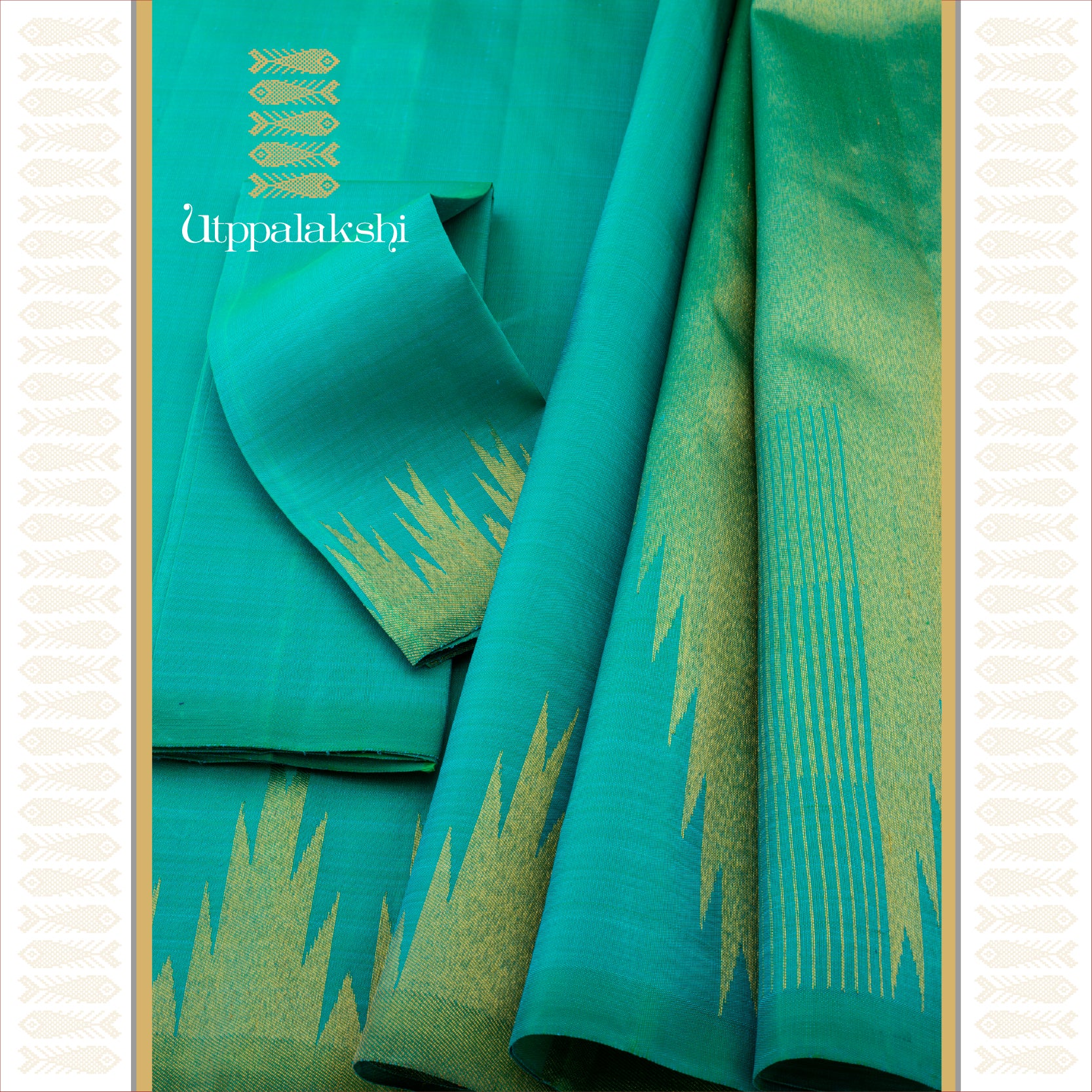 Sea Green with Temple Border and Bavanji Pallu - AN UTPPALAKSHI HANDWOVEN KANJIVARAM SILK SAREE