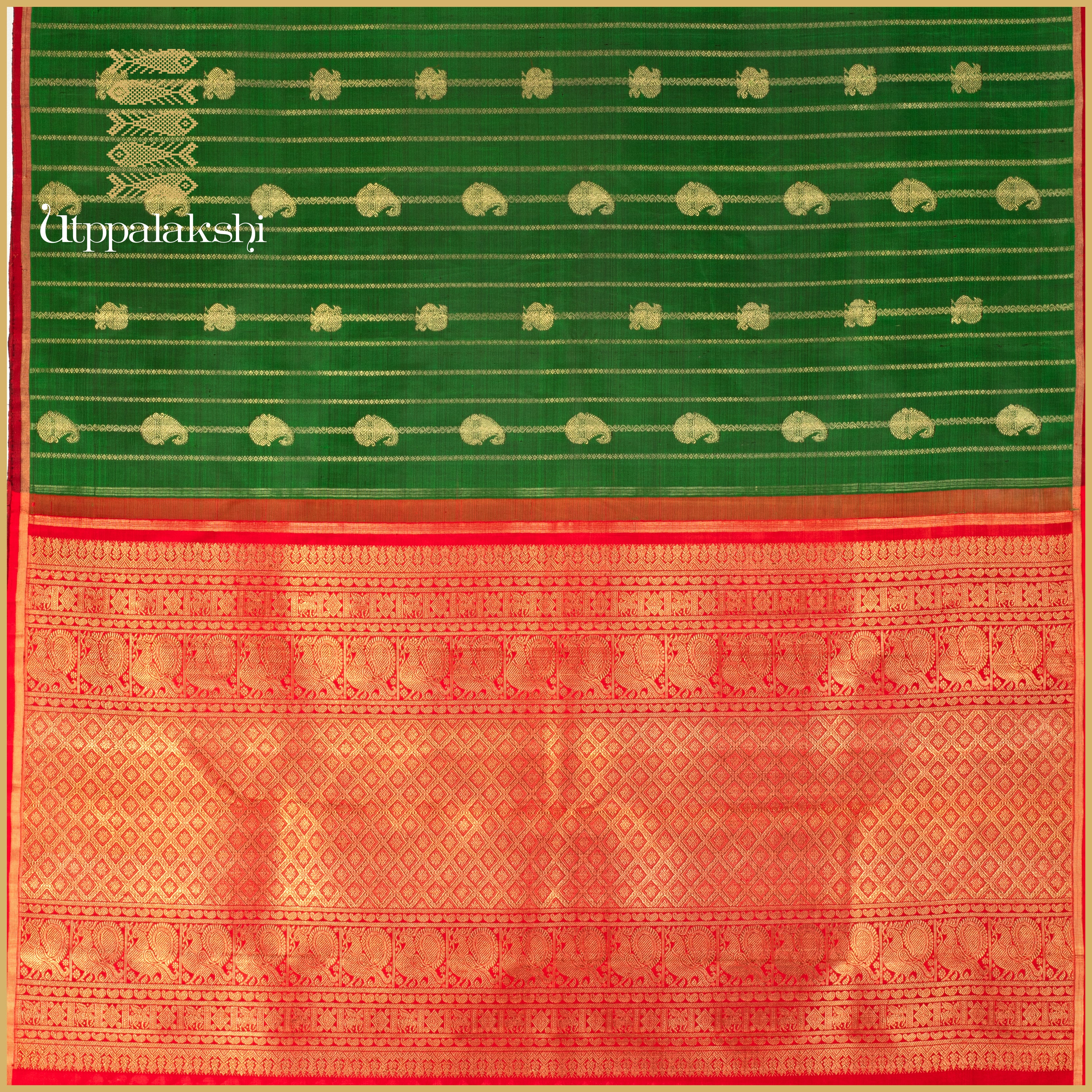 Betel Green with Chilli Red Pallu and Annam Motifs - AN UTPPALAKSHI HANDWOVEN KANJIVARAM SILK SAREE
