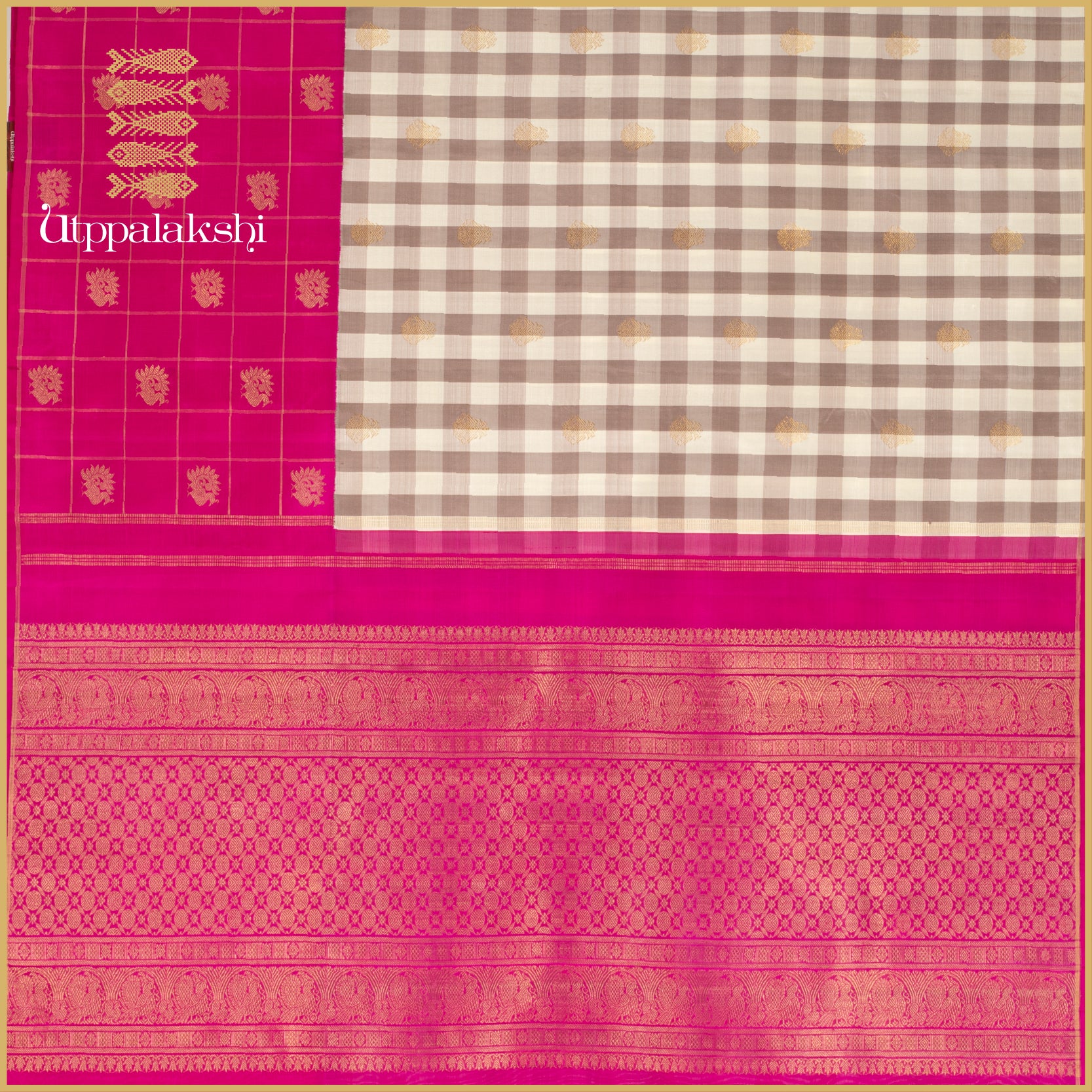 Mocha and Off-White Checks with Gandaberunda and Pink Accents - AN UTPPALAKSHI HANDWOVEN KANJIVARAM SILK SAREE
