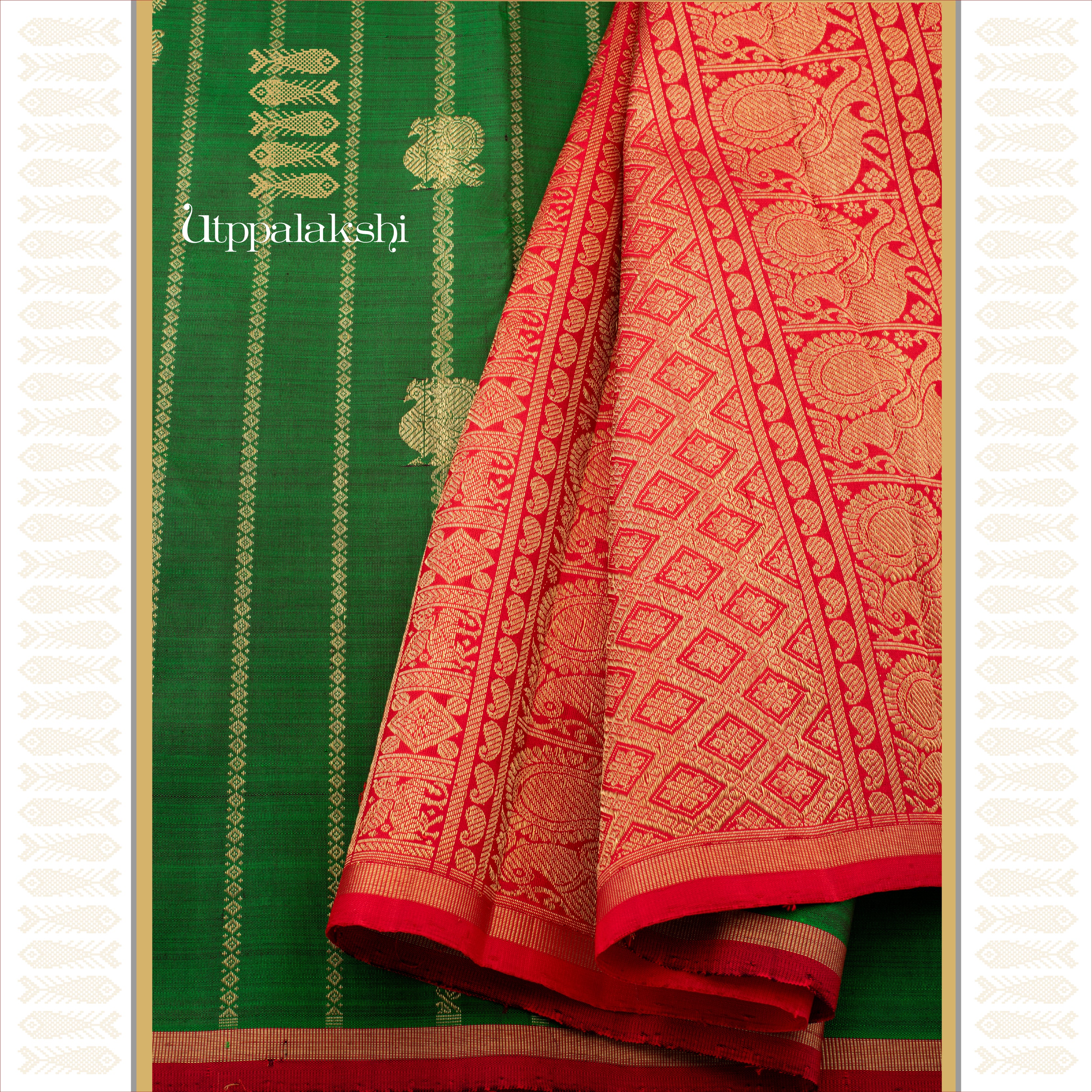Betel Green with Chilli Red Pallu and Annam Motifs - AN UTPPALAKSHI HANDWOVEN KANJIVARAM SILK SAREE