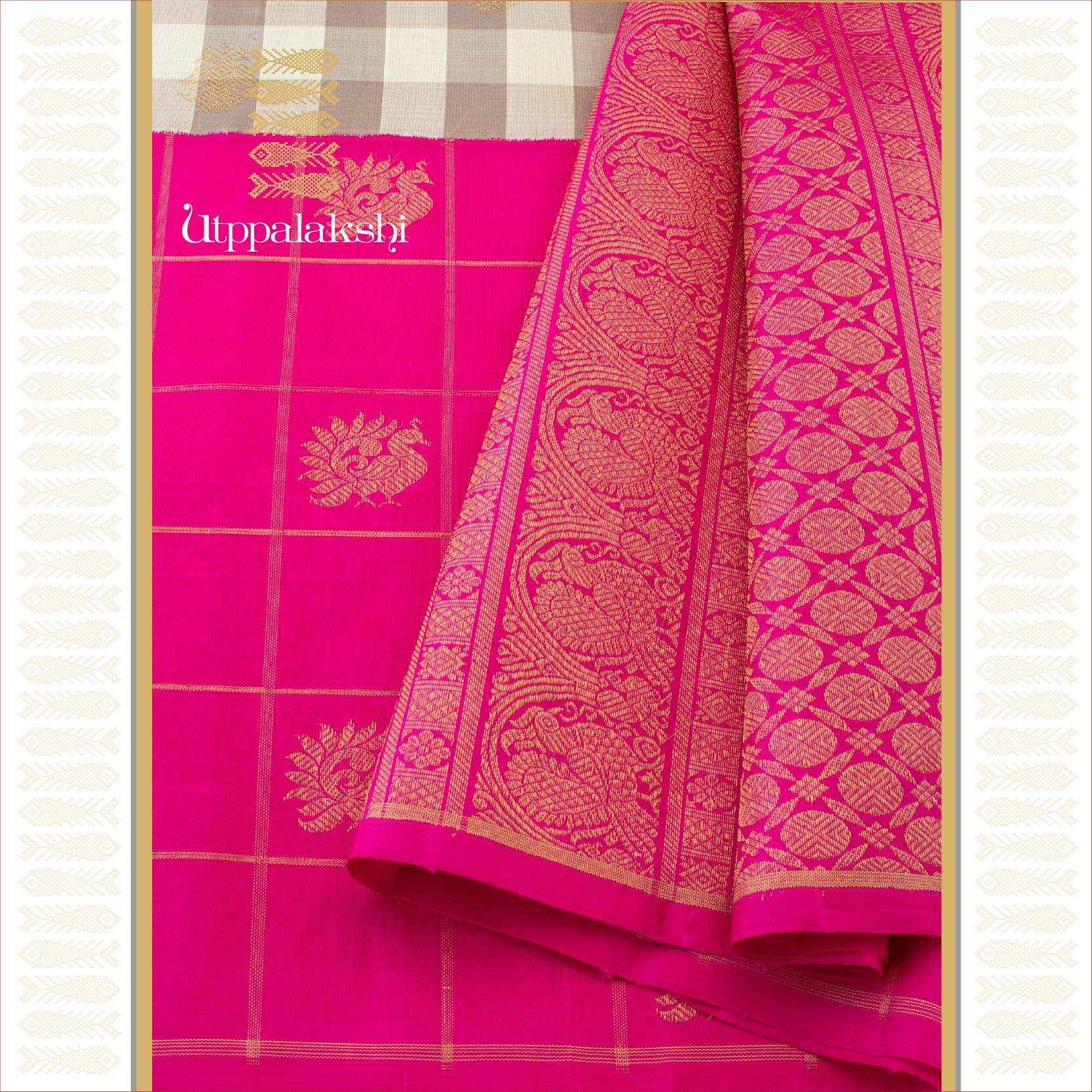 Mocha and Off-White Checks with Gandaberunda and Pink Accents - AN UTPPALAKSHI HANDWOVEN KANJIVARAM SILK SAREE