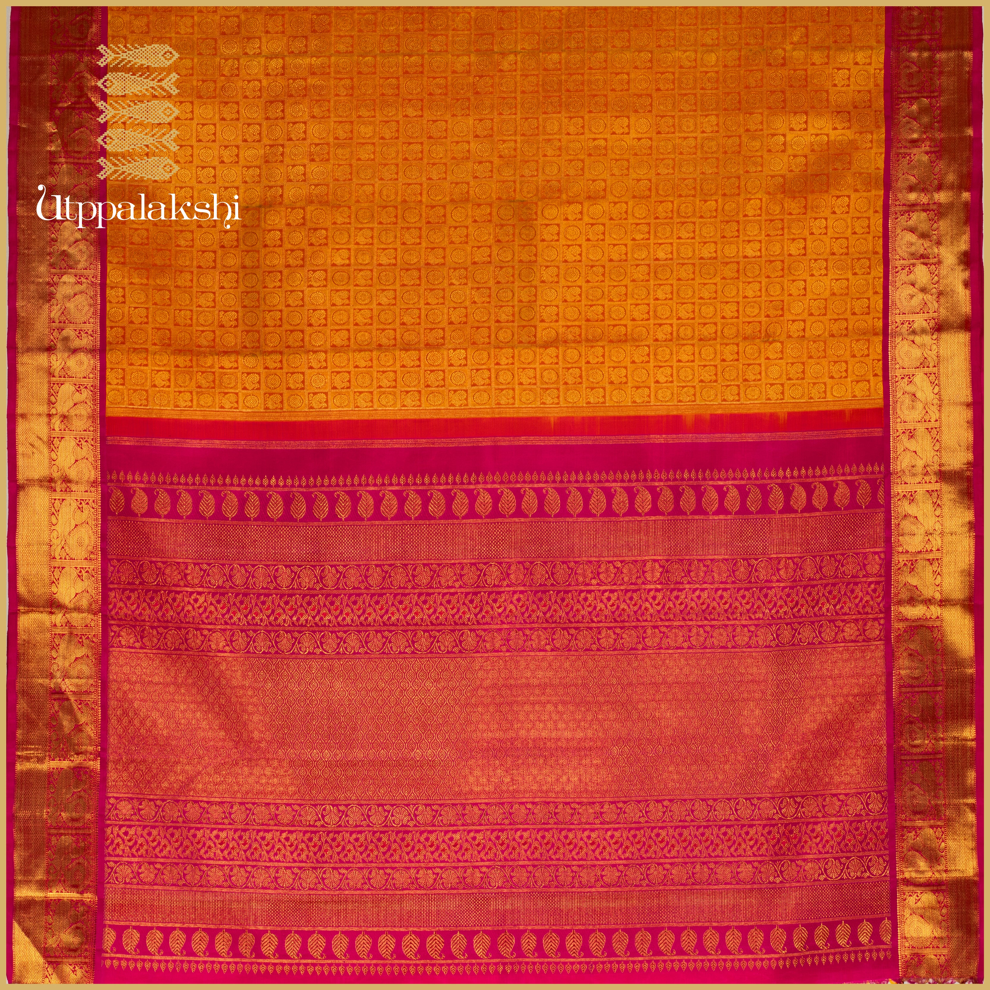 A Master Weaver’s Creation - Rust Yellow Brocade with Pink Korvai Annam Border - AN UTPPALAKSHI HANDWOVEN KANJIVARAM SILK SAREE