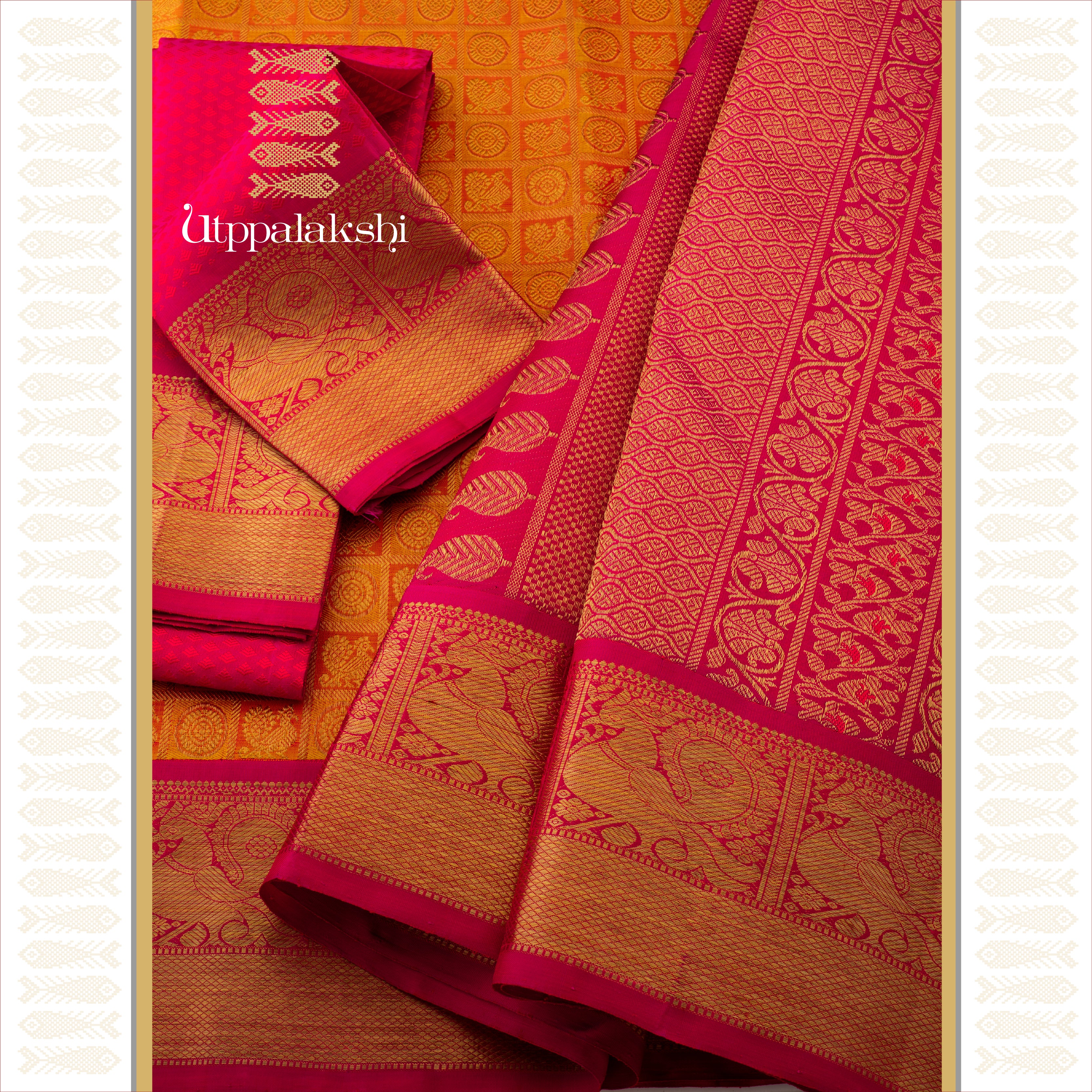 A Master Weaver’s Creation - Rust Yellow Brocade with Pink Korvai Annam Border - AN UTPPALAKSHI HANDWOVEN KANJIVARAM SILK SAREE