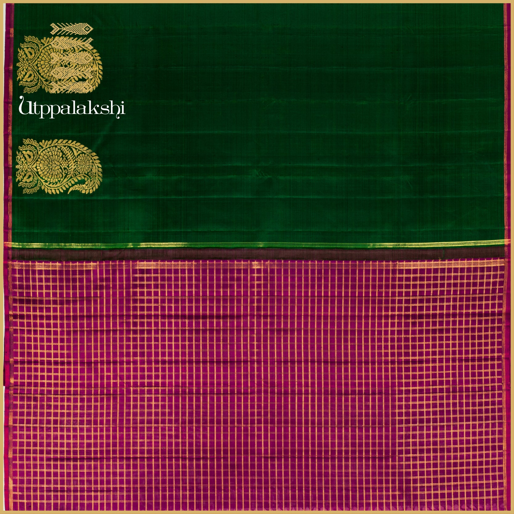 Deep Green with Purplish Arakku Mango Motif Border - AN UTPPALAKSHI HANDWOVEN KANJIVARAM SILK SAREE
