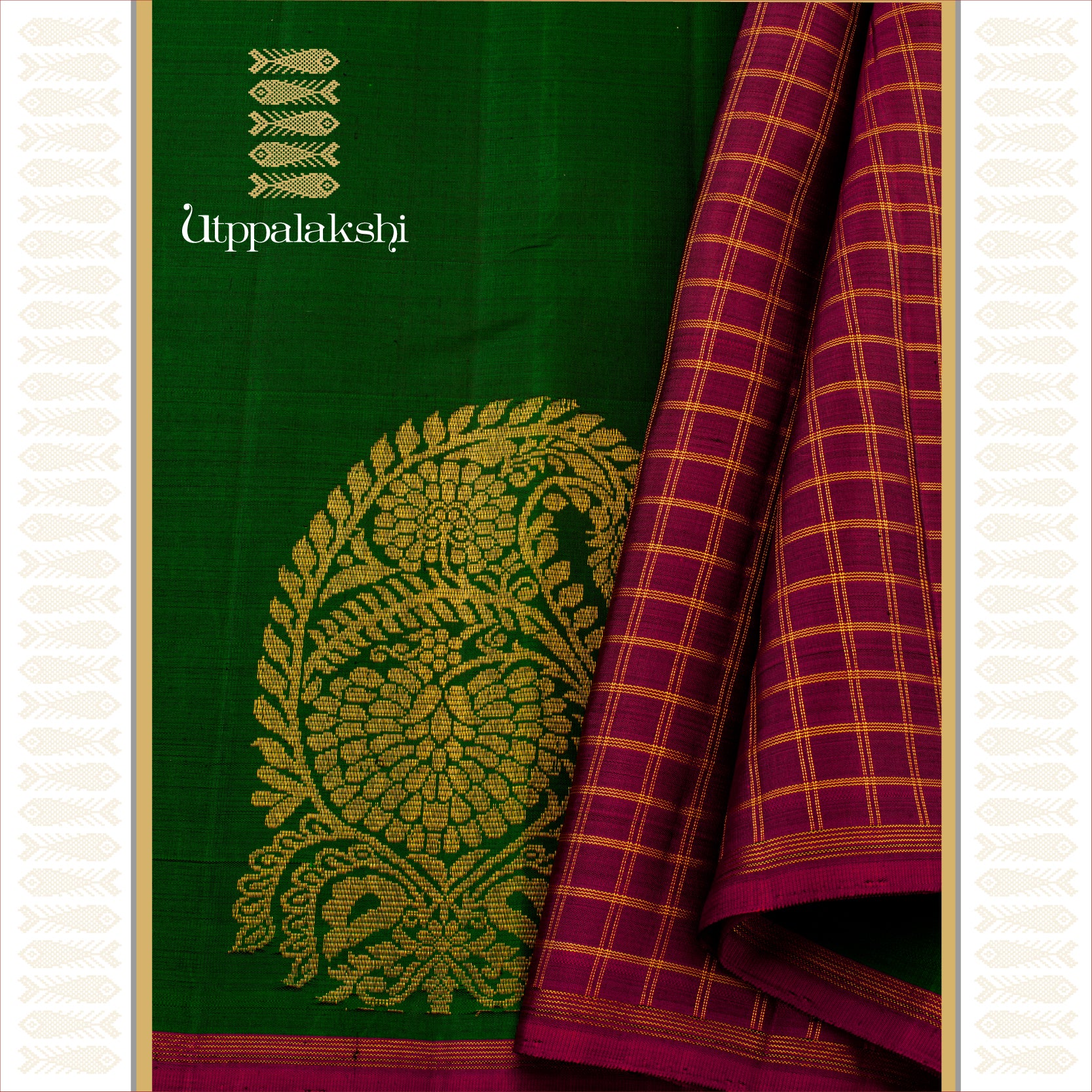 Deep Green with Purplish Arakku Mango Motif Border - AN UTPPALAKSHI HANDWOVEN KANJIVARAM SILK SAREE