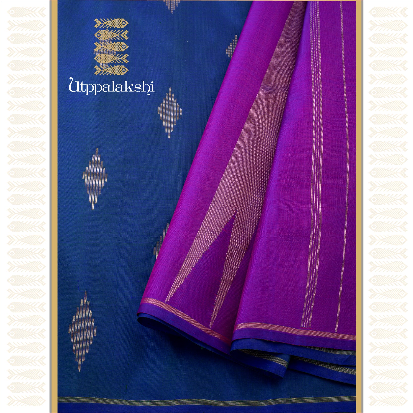 Peacock Blue with Diamond Zari Buttas and Purple/ Violet Seer Pallu - AN UTPPALAKSHI HANDWOVEN KANJIVARAM SILK SAREE