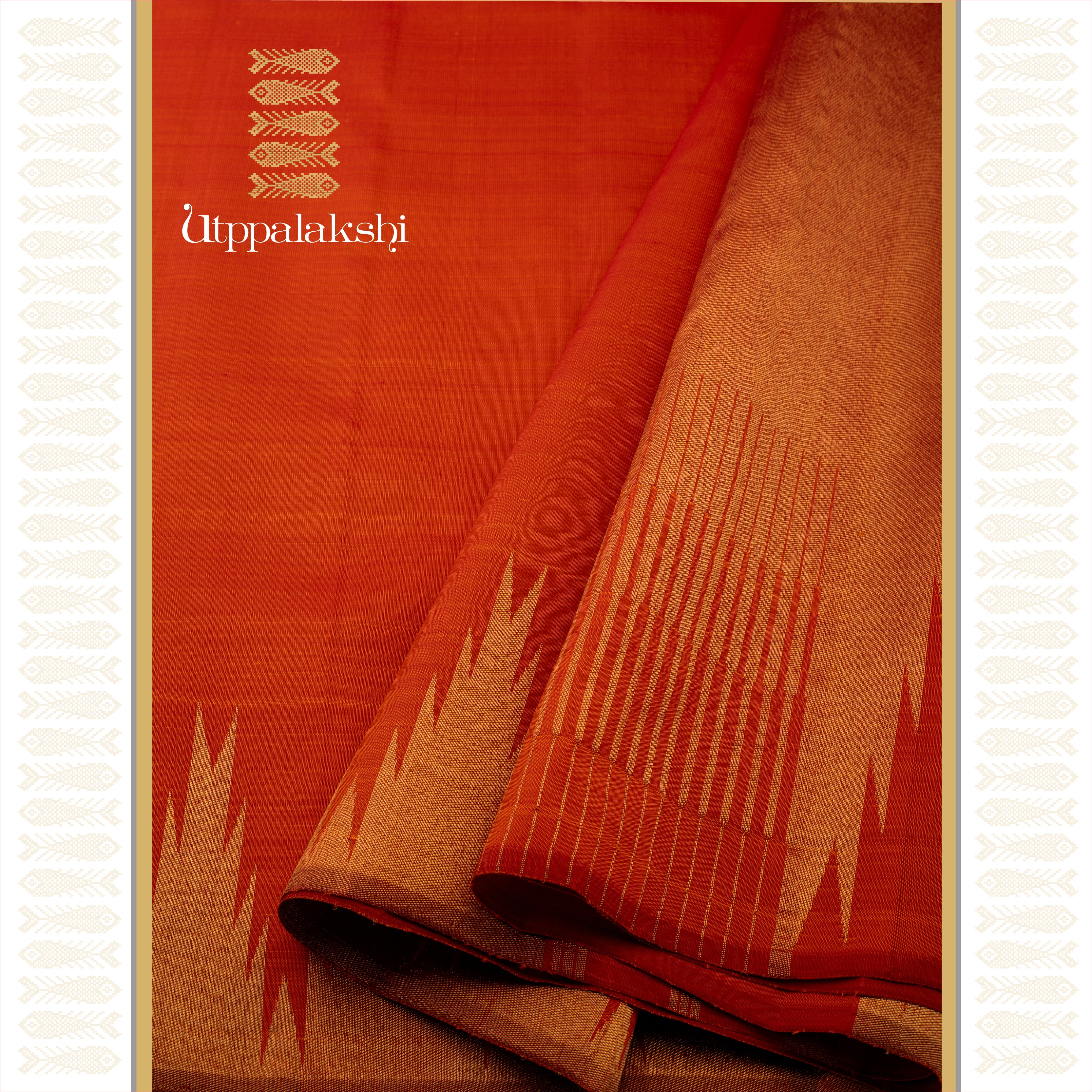 Burnt Orange with Temple Border and Bavanji Pallu - AN UTPPALAKSHI HANDWOVEN KANJIVARAM SILK SAREE