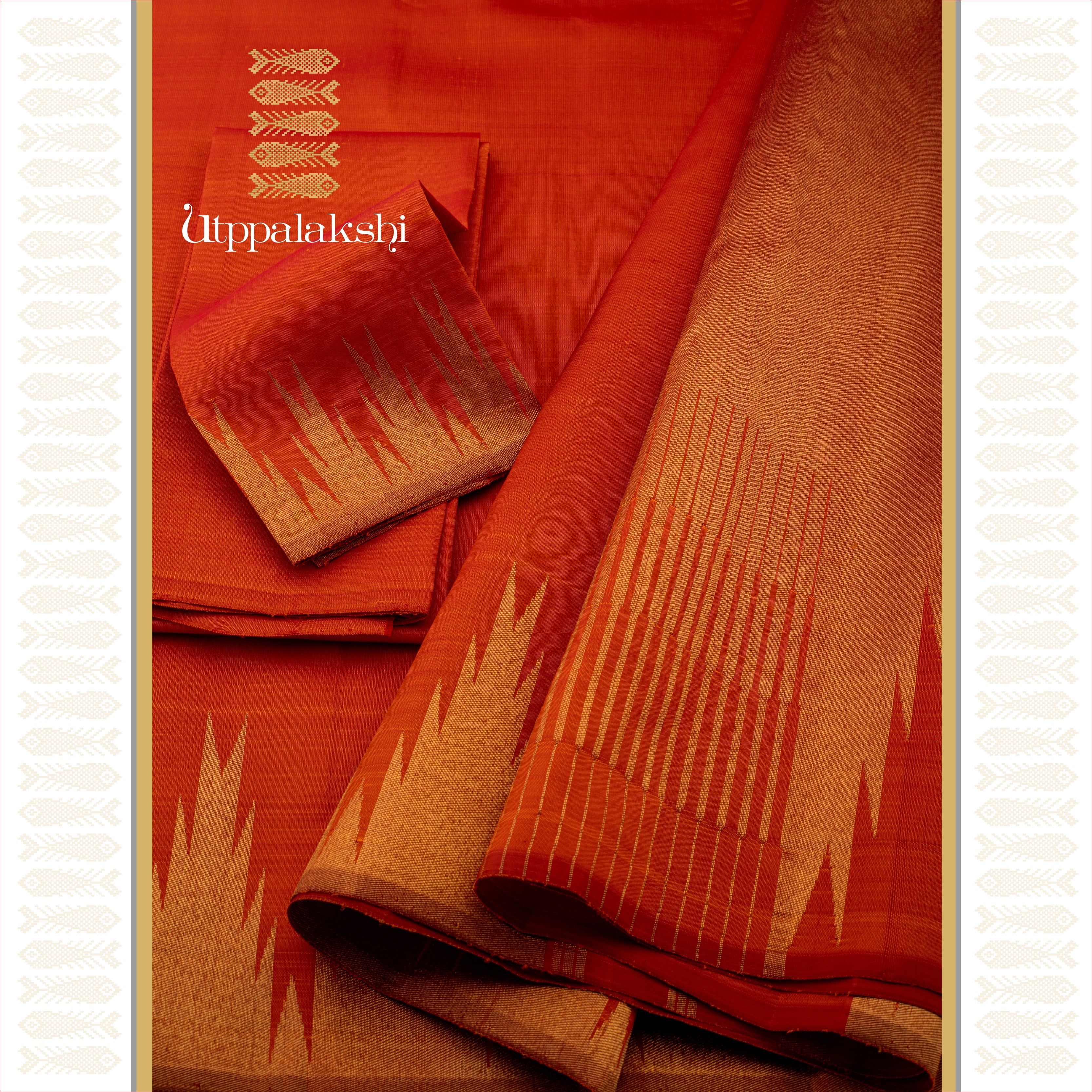 Burnt Orange with Temple Border and Bavanji Pallu - AN UTPPALAKSHI HANDWOVEN KANJIVARAM SILK SAREE