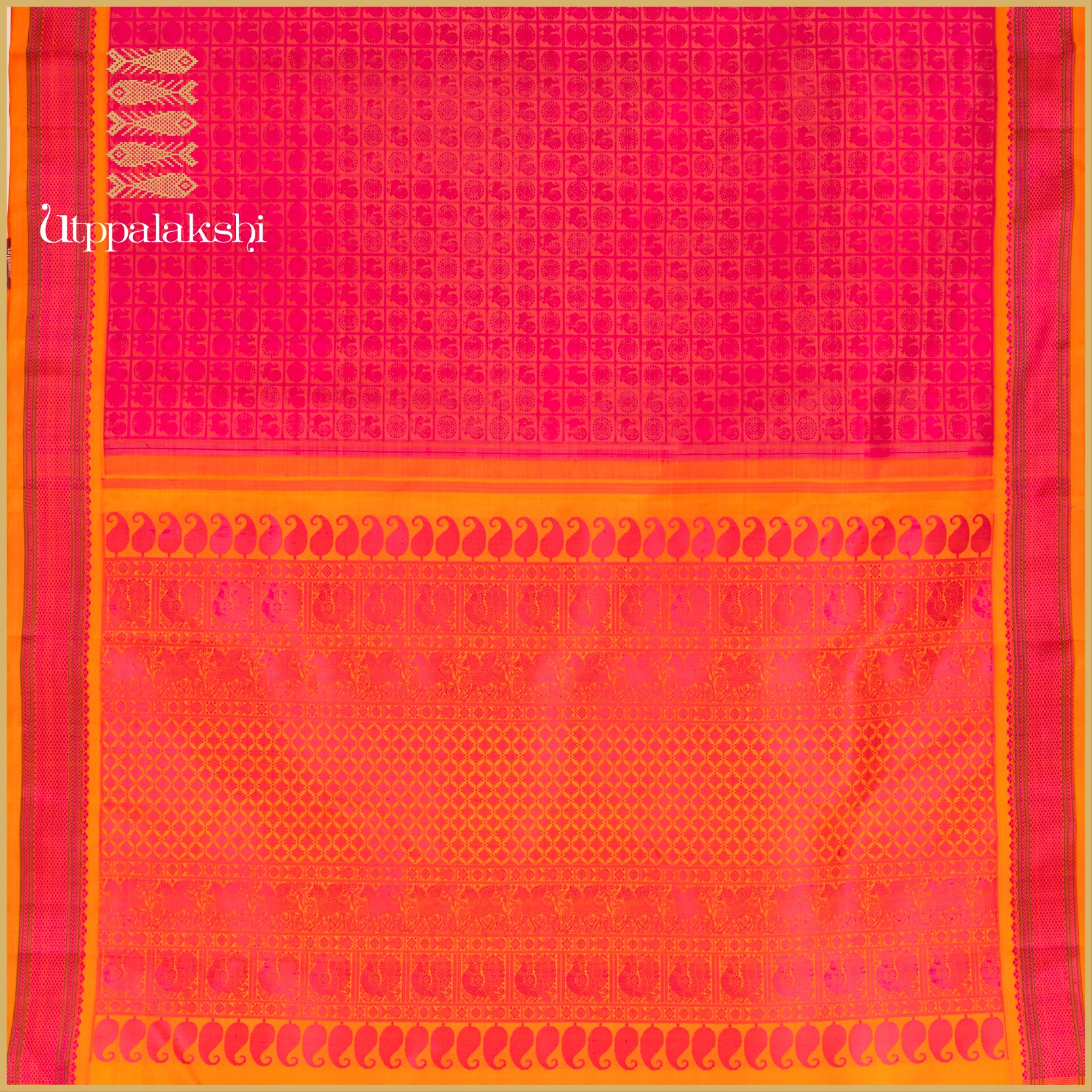 Orange and Pink Silk Pettu with Annam & Chakkaram Motifs - AN UTPPALAKSHI HANDWOVEN KANJIVARAM SILK SAREE