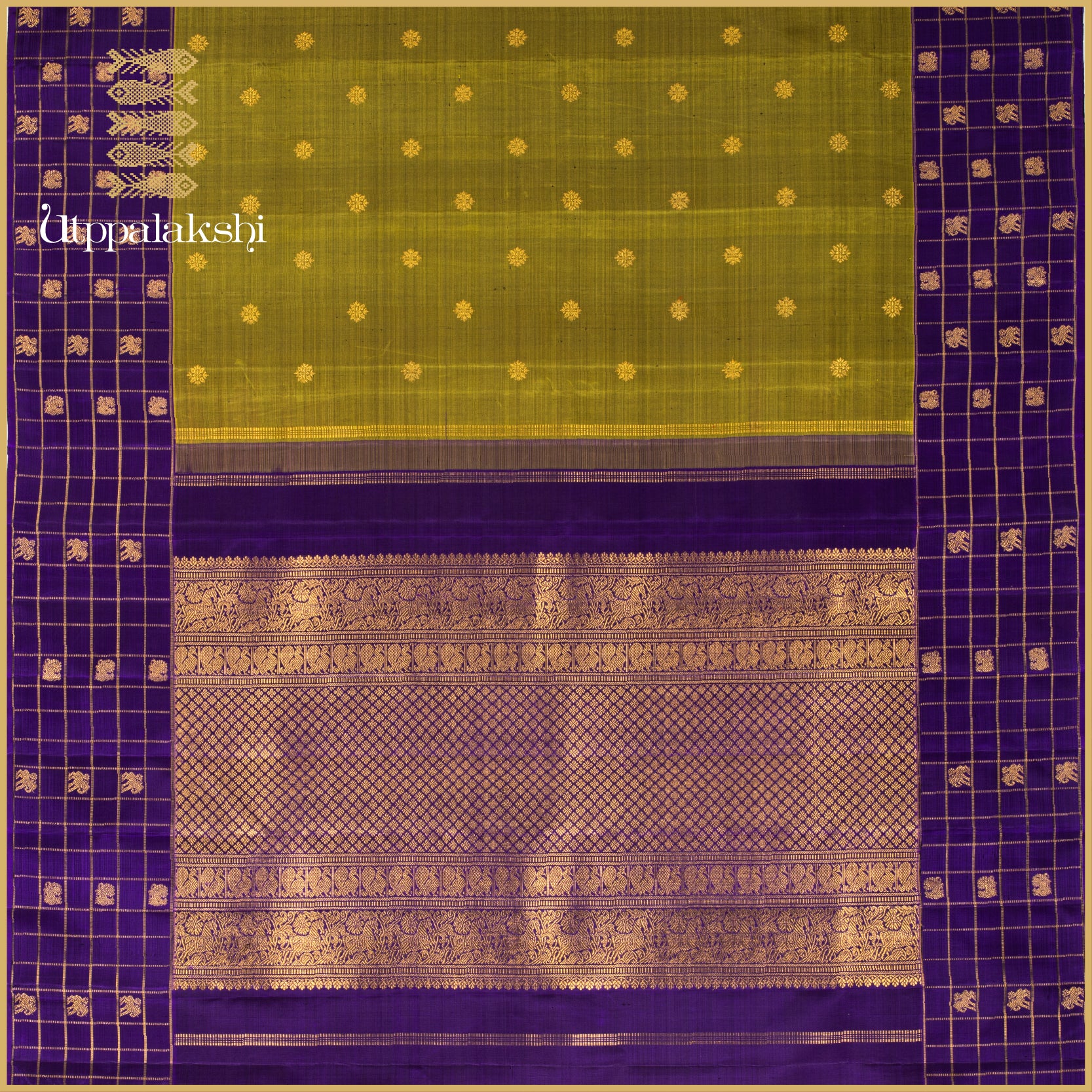 Sampanga Green with Violet Checks Border and Annam-Elephant Motifs - AN UTPPALAKSHI HANDWOVEN KANJIVARAM SILK SAREE