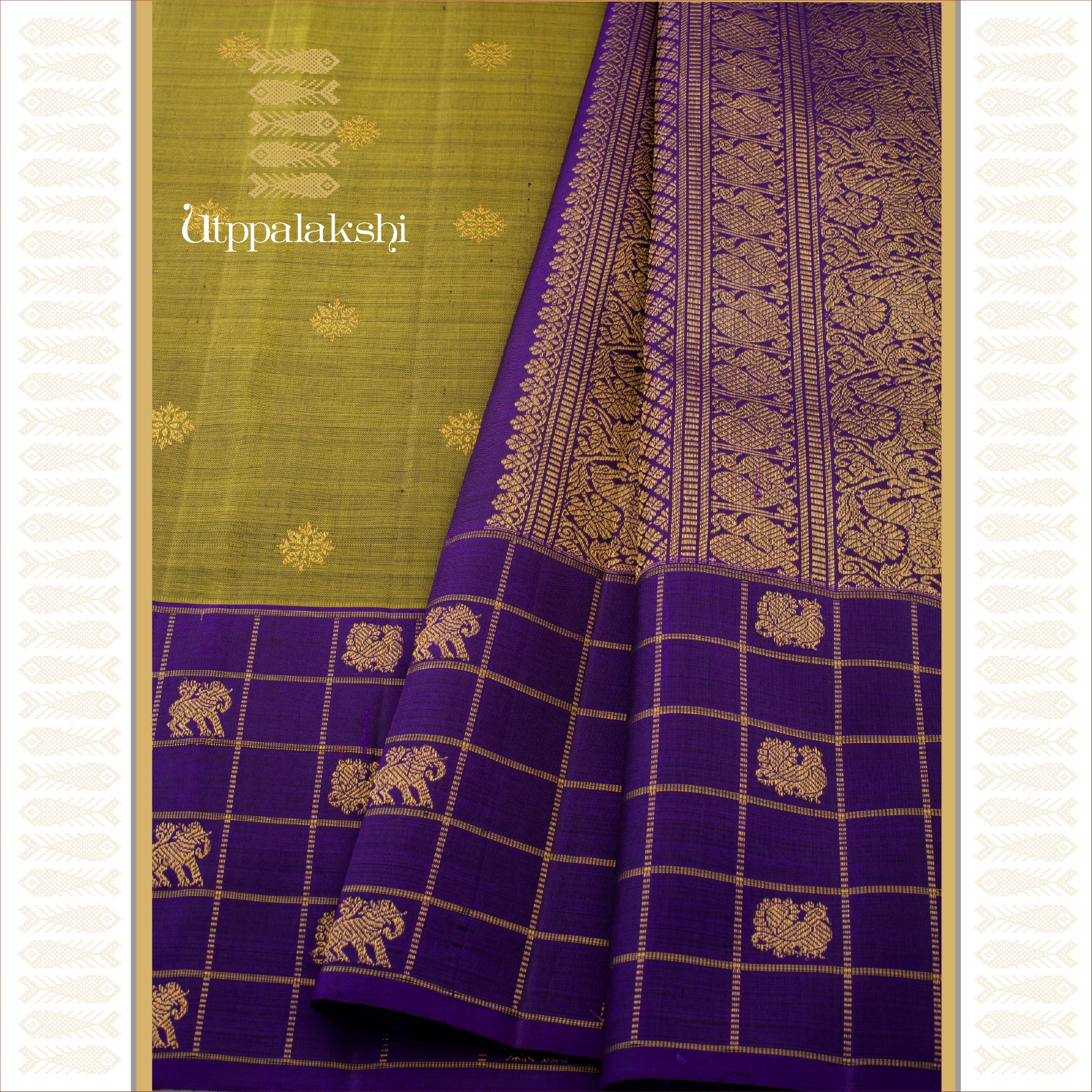 Sampanga Green with Violet Checks Border and Annam-Elephant Motifs - AN UTPPALAKSHI HANDWOVEN KANJIVARAM SILK SAREE