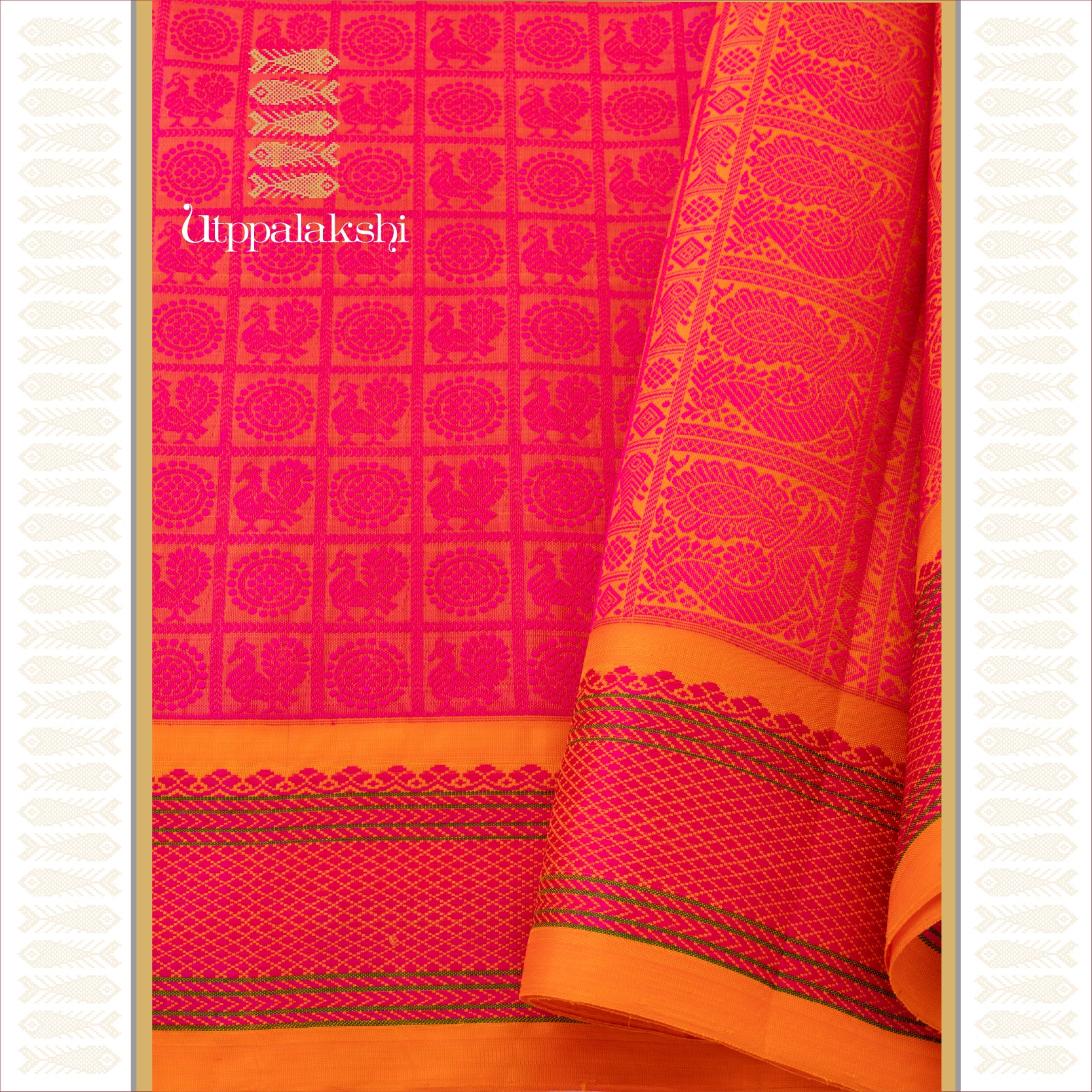 Orange and Pink Silk Pettu with Annam & Chakkaram Motifs - AN UTPPALAKSHI HANDWOVEN KANJIVARAM SILK SAREE