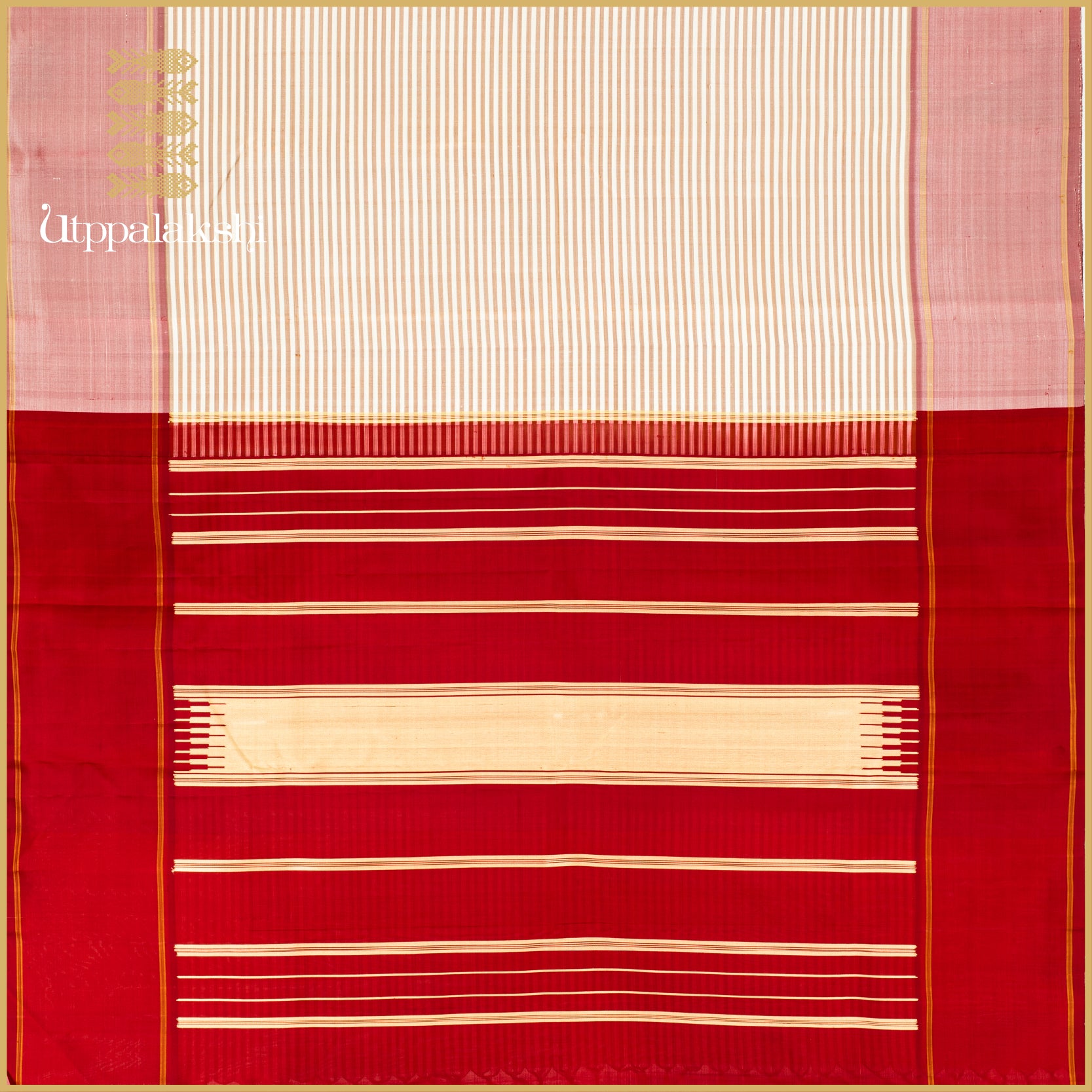 Khaki and Off-White Vazhapoo Stripes with Pastel Pink Border - AN UTPPALAKSHI HANDWOVEN KANJIVARAM SILK SAREE